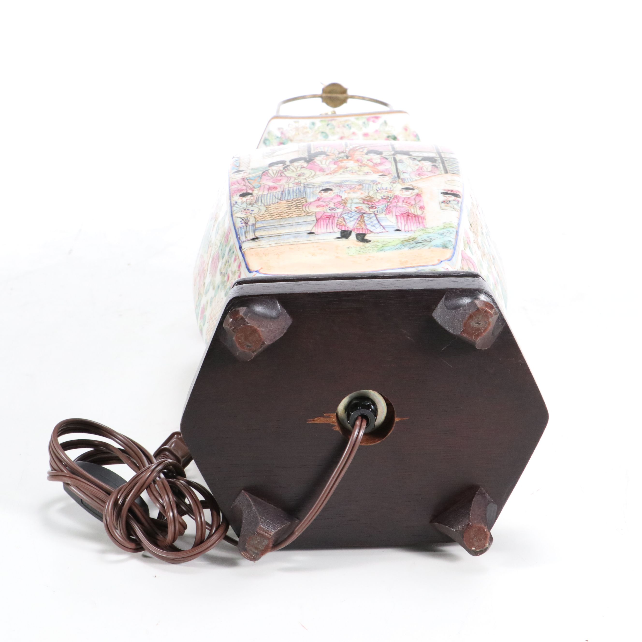 Chinese Porcelain Hu Vase Lamp with Pomegranate Handles & Silk Shade