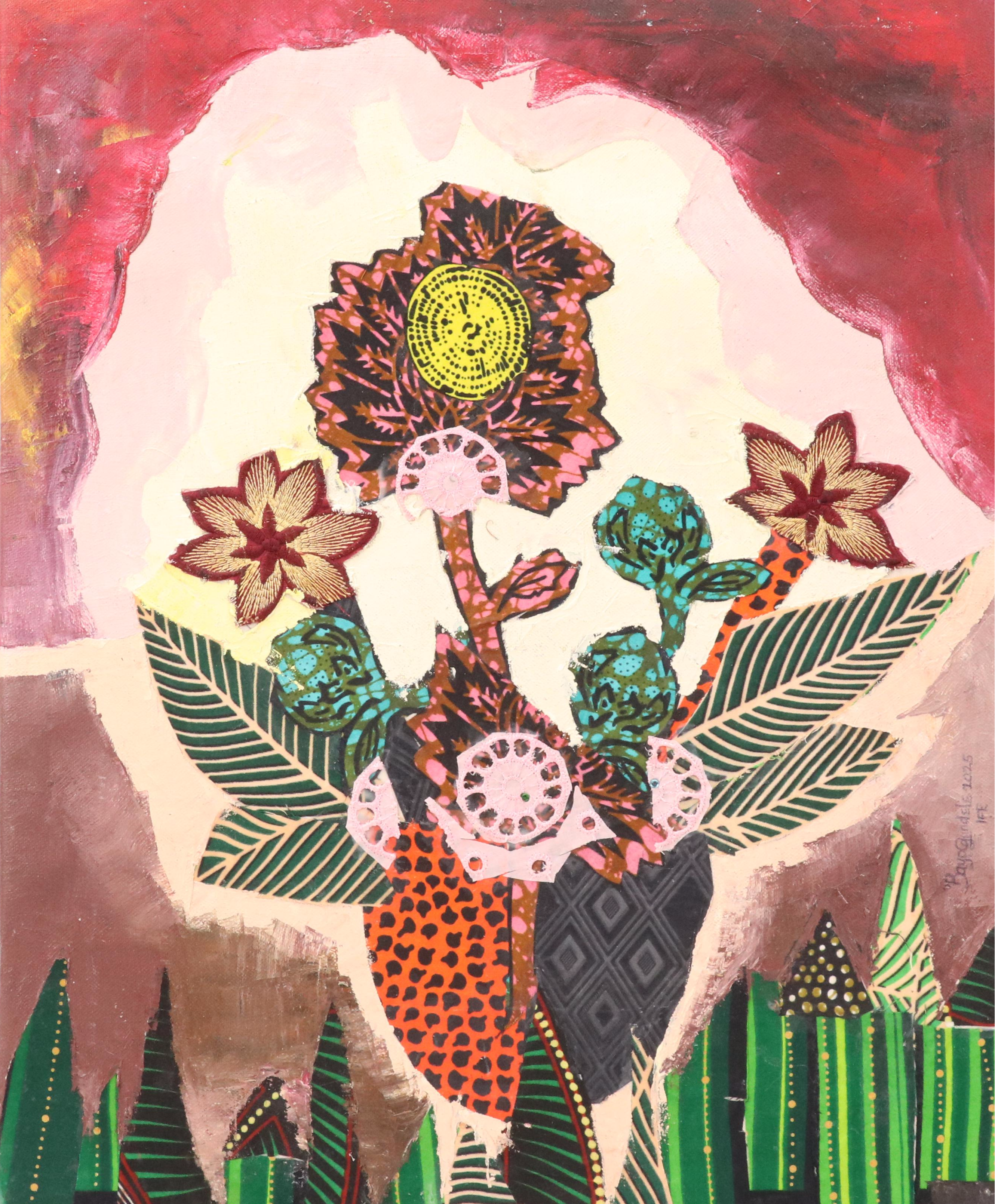 Bayo Ogundele Stylized Floral Still Life Mixed Media Collage "Flower, 2025