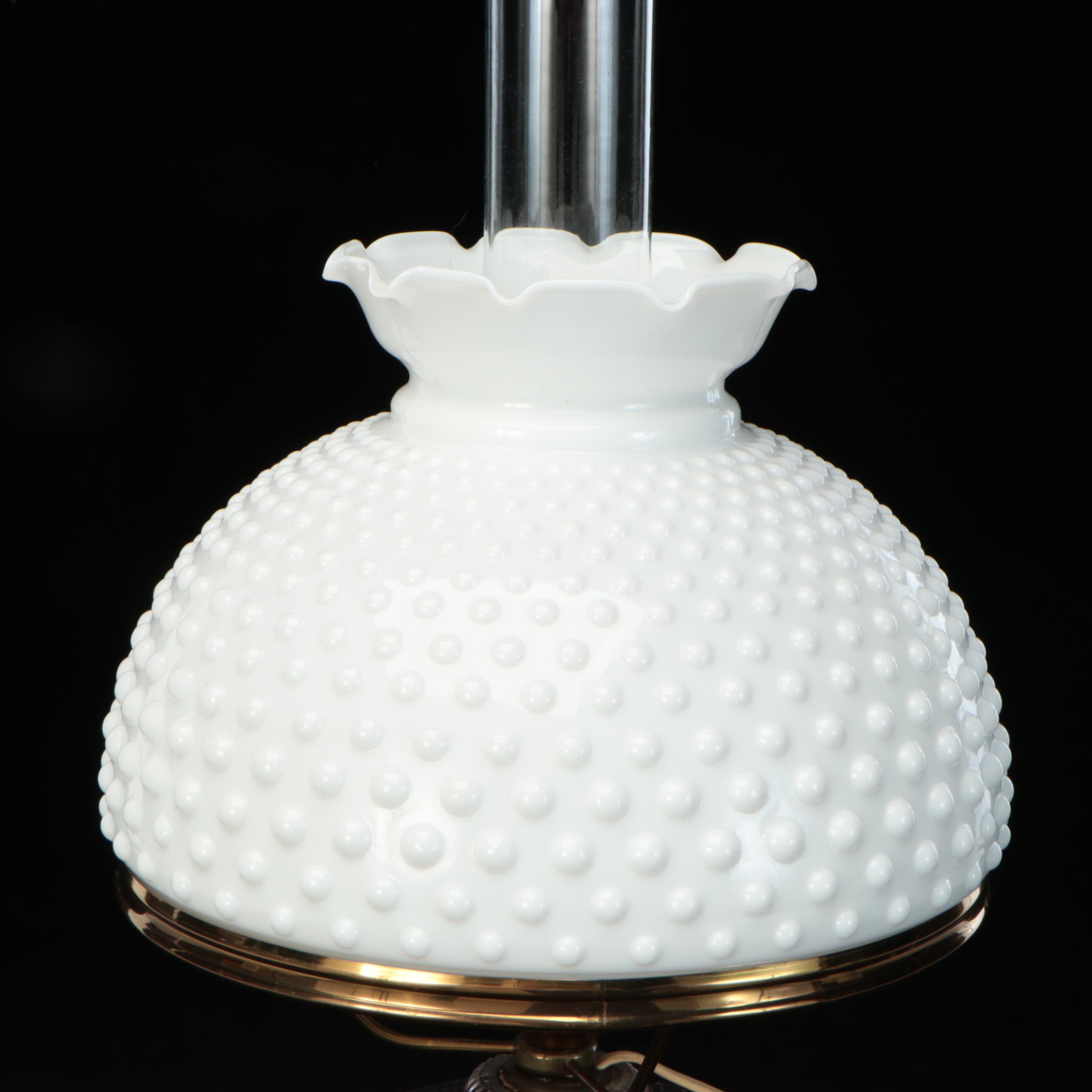 EAPG Greek Key Pressed Glass Oil Lamp With Hobnail Shade and French Adaption