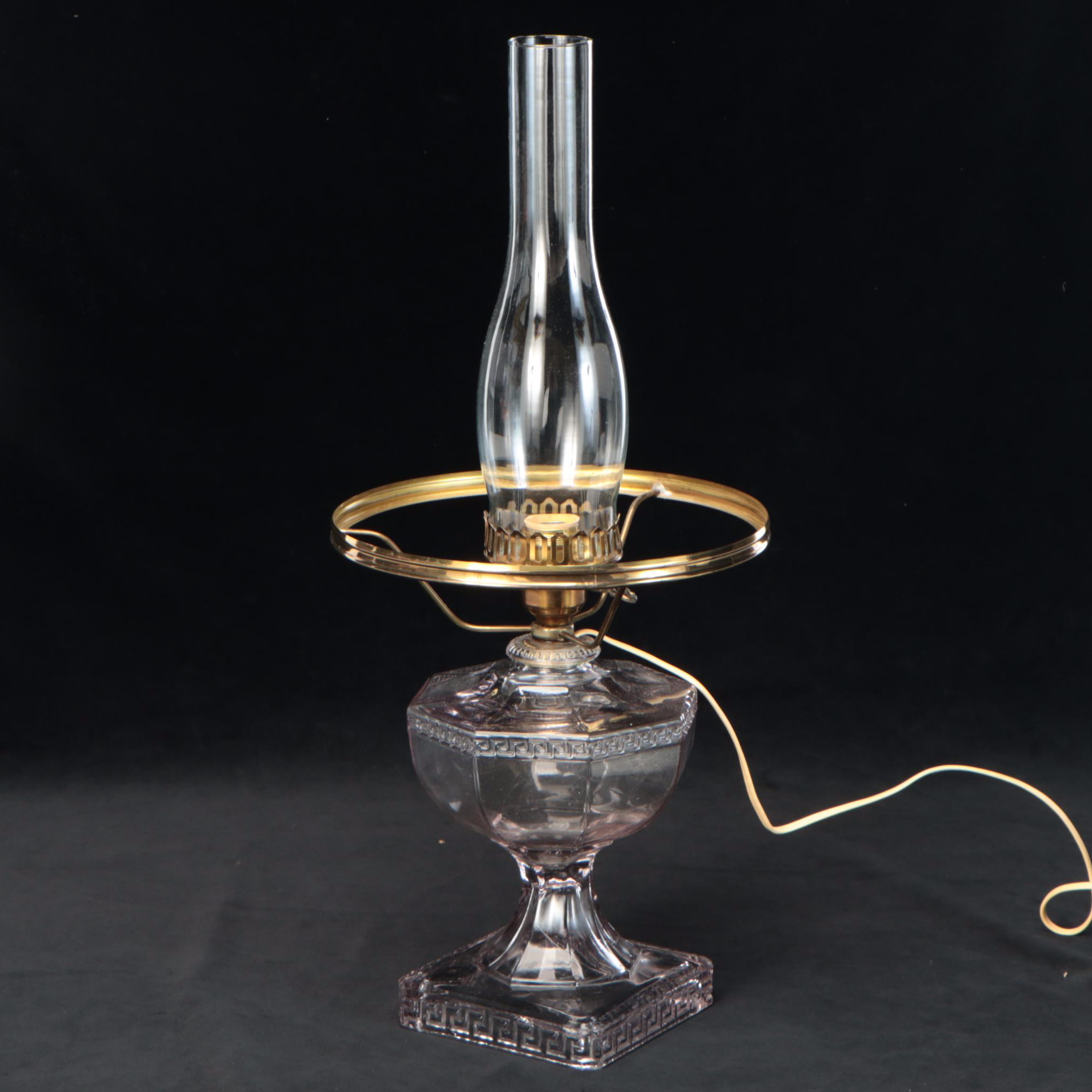 EAPG Greek Key Pressed Glass Oil Lamp With Hobnail Shade and French Adaption