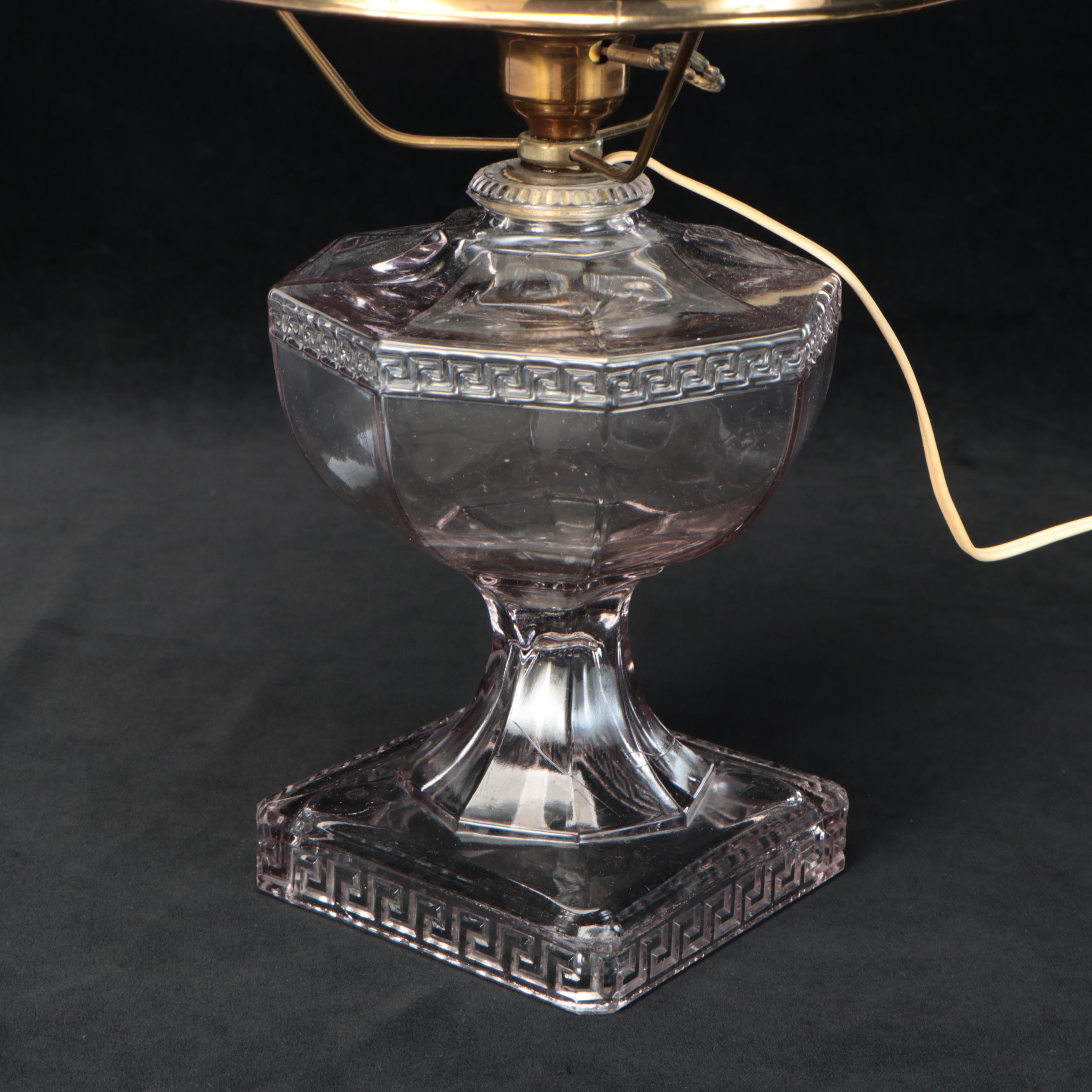 EAPG Greek Key Pressed Glass Oil Lamp With Hobnail Shade and French Adaption