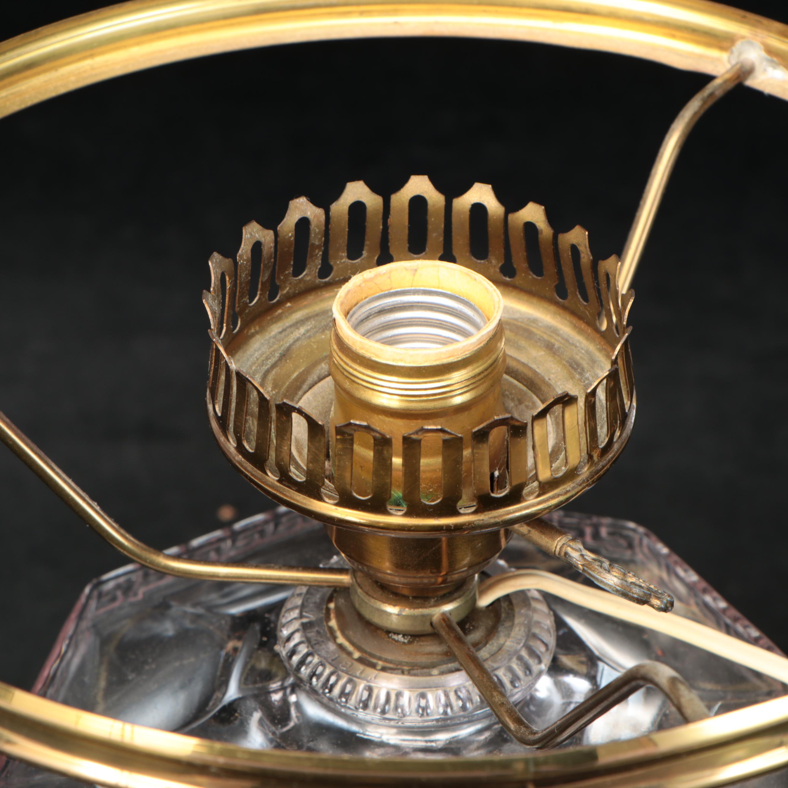 EAPG Greek Key Pressed Glass Oil Lamp With Hobnail Shade and French Adaption