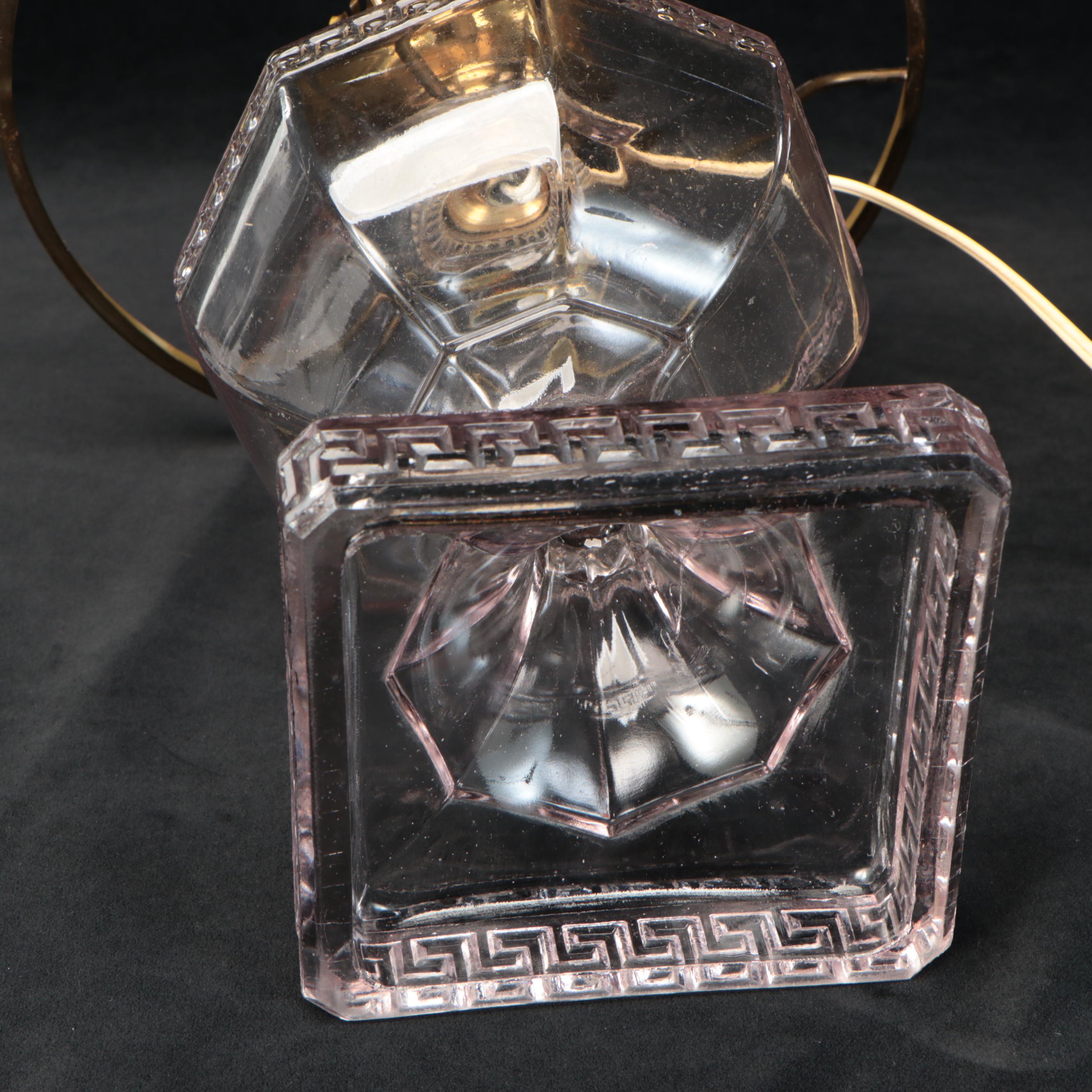 EAPG Greek Key Pressed Glass Oil Lamp With Hobnail Shade and French Adaption