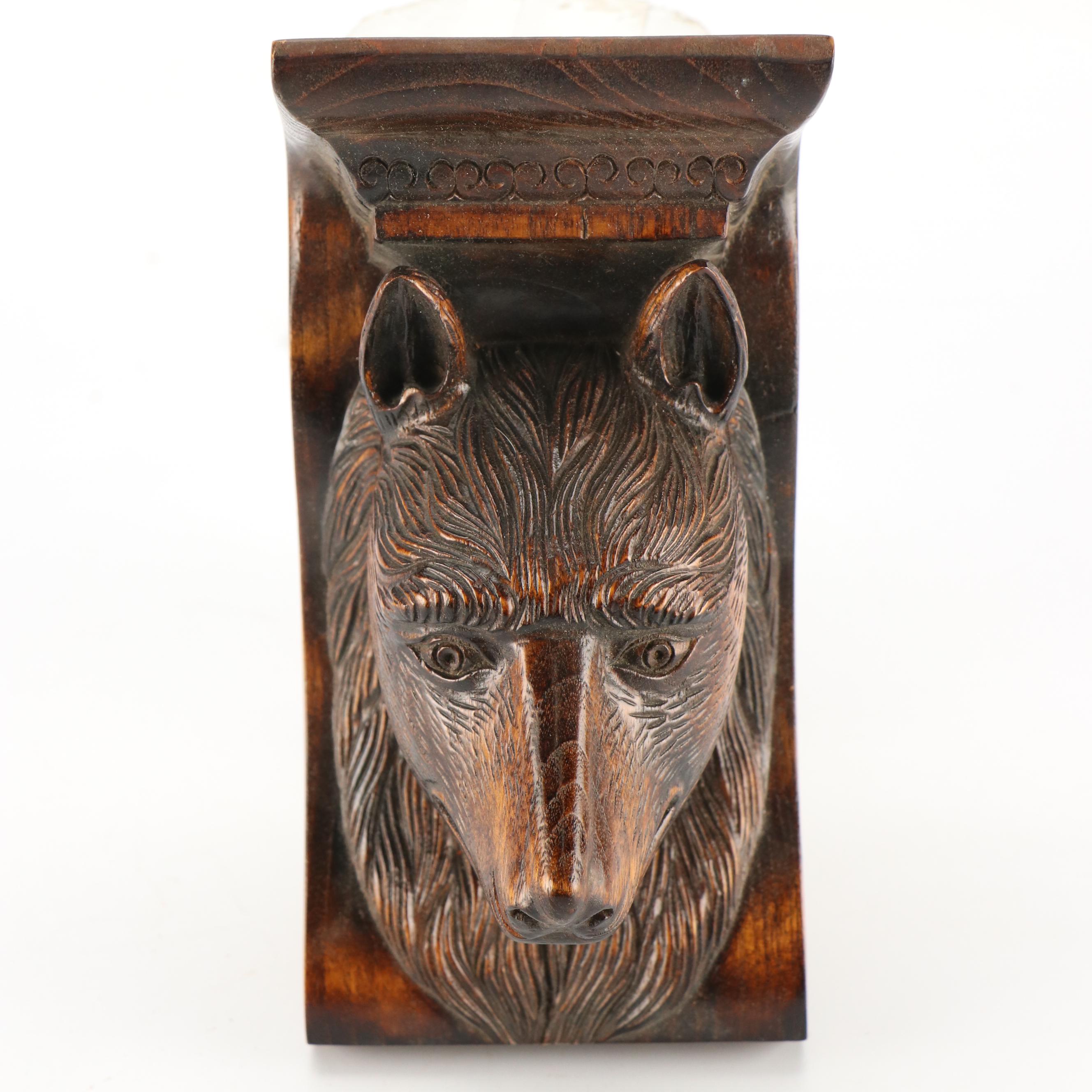 Black Forest Style Hand-Carved Wooden Wolf Head Corbel Shelf