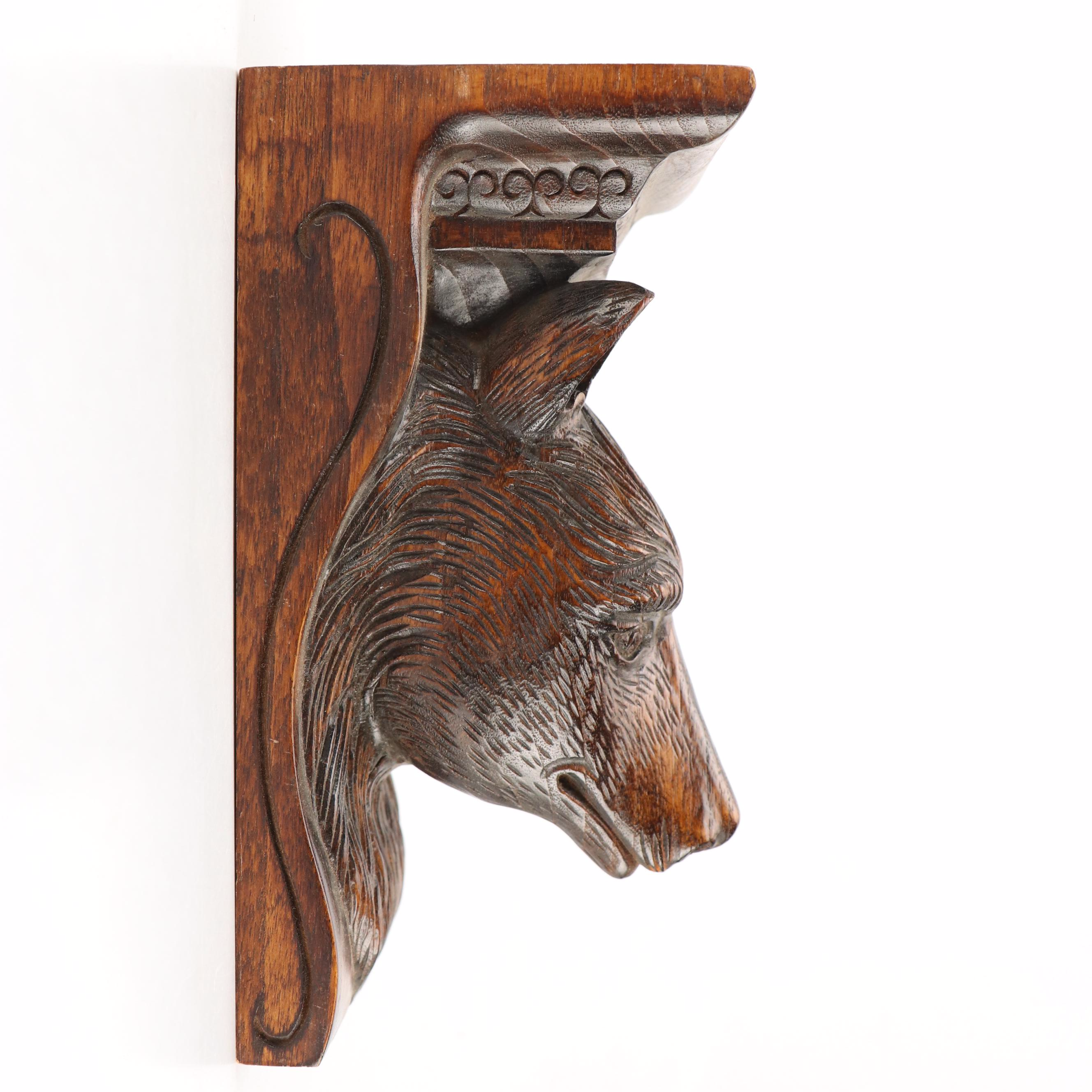 Black Forest Style Hand-Carved Wooden Wolf Head Corbel Shelf