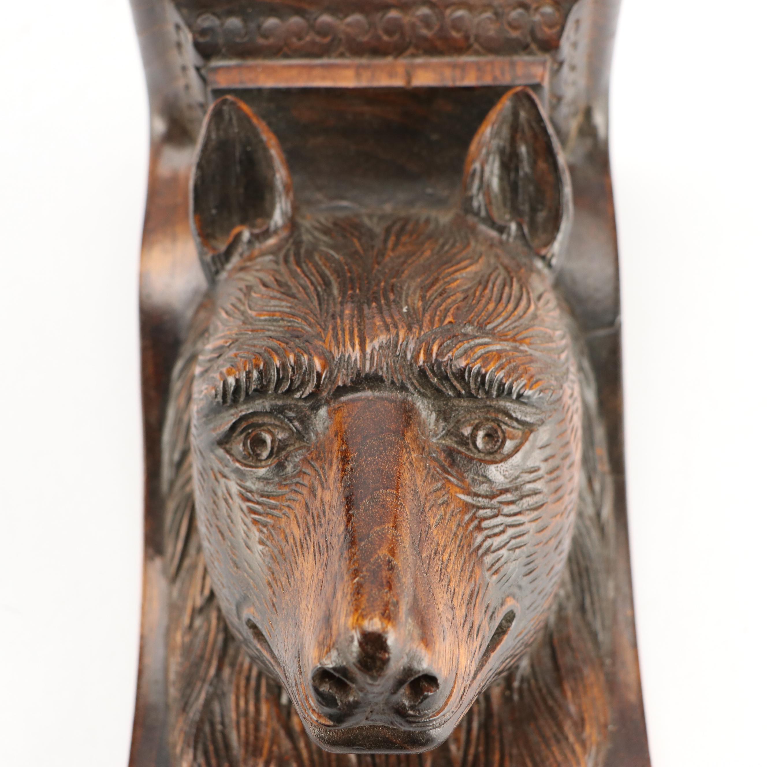 Black Forest Style Hand-Carved Wooden Wolf Head Corbel Shelf