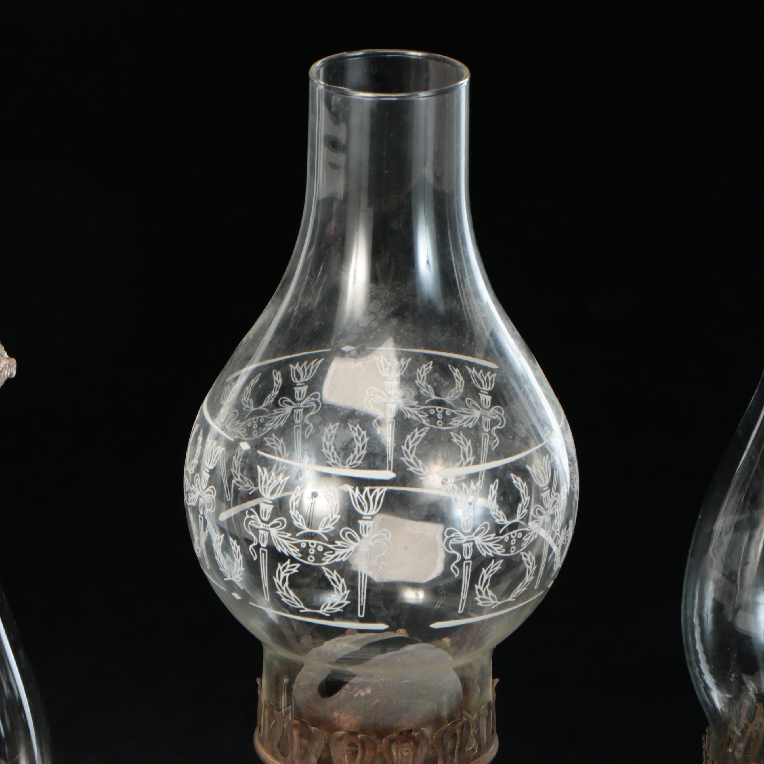 American Pressed Glass Oil Table & Hand Lamps with Vintage Mantel Luster Lamp