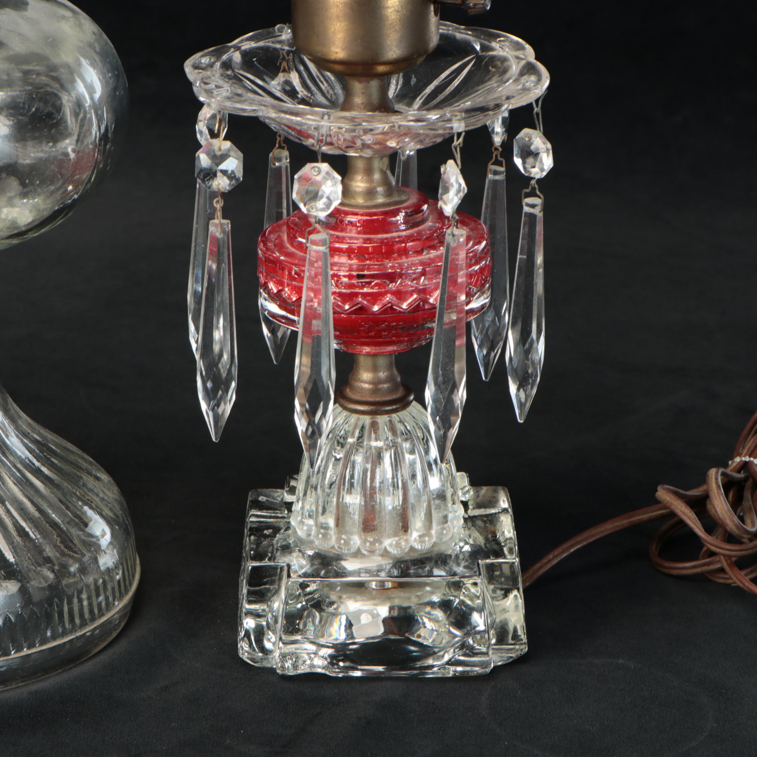 American Pressed Glass Oil Table & Hand Lamps with Vintage Mantel Luster Lamp