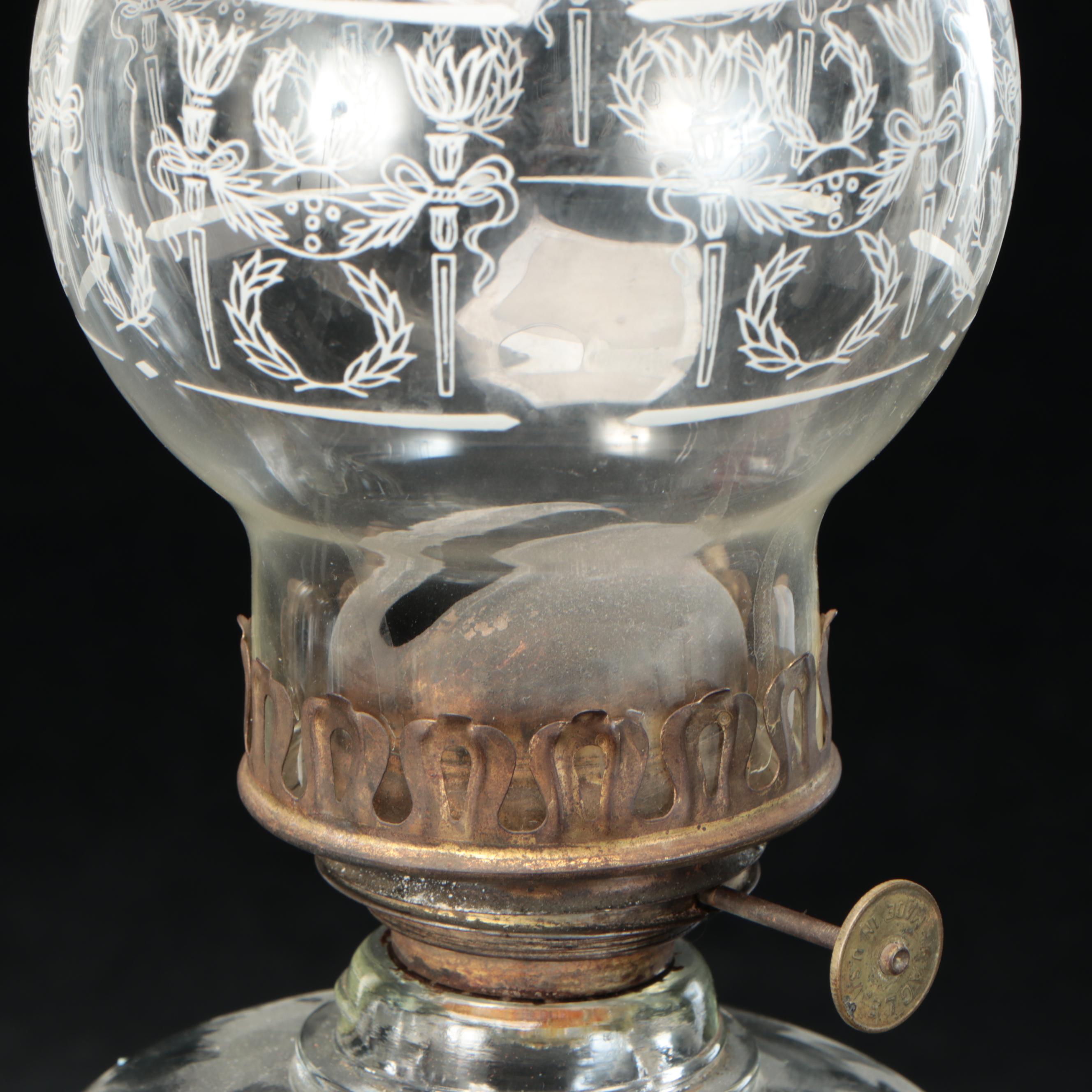 American Pressed Glass Oil Table & Hand Lamps with Vintage Mantel Luster Lamp