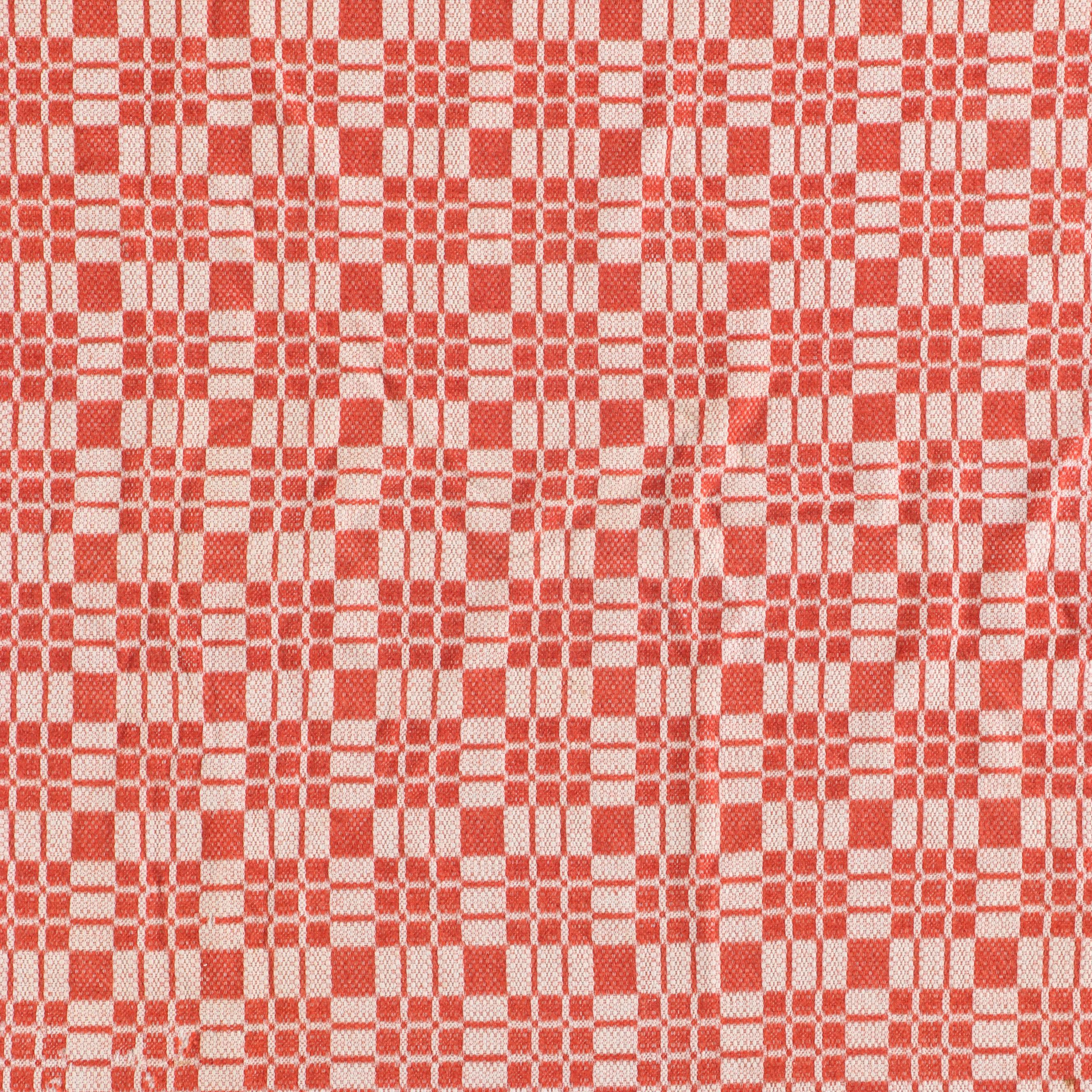 American Colonial Style Oak Quilt Rack with Red and White Woven Coverlet, 20th C