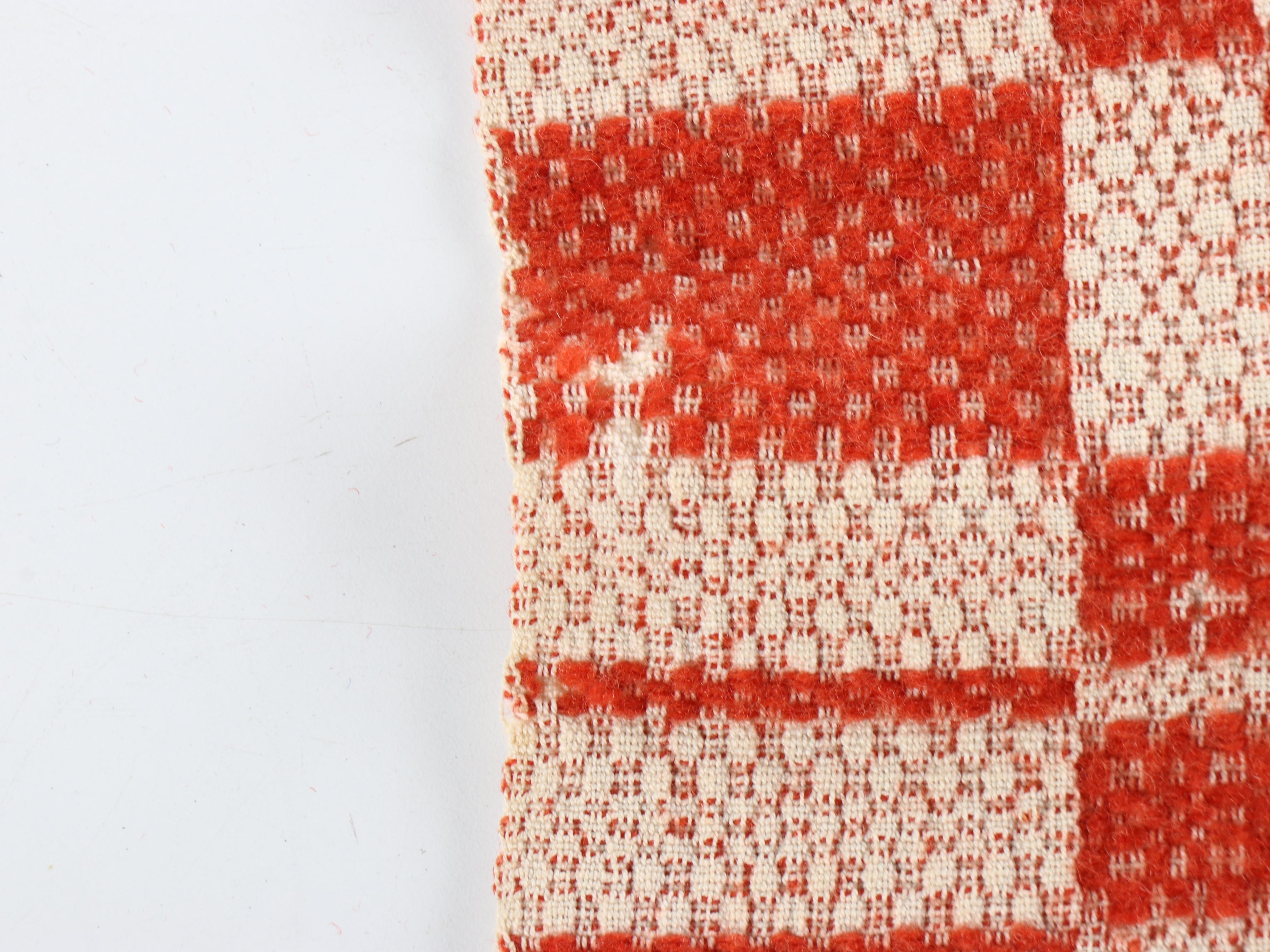 American Colonial Style Oak Quilt Rack with Red and White Woven Coverlet, 20th C