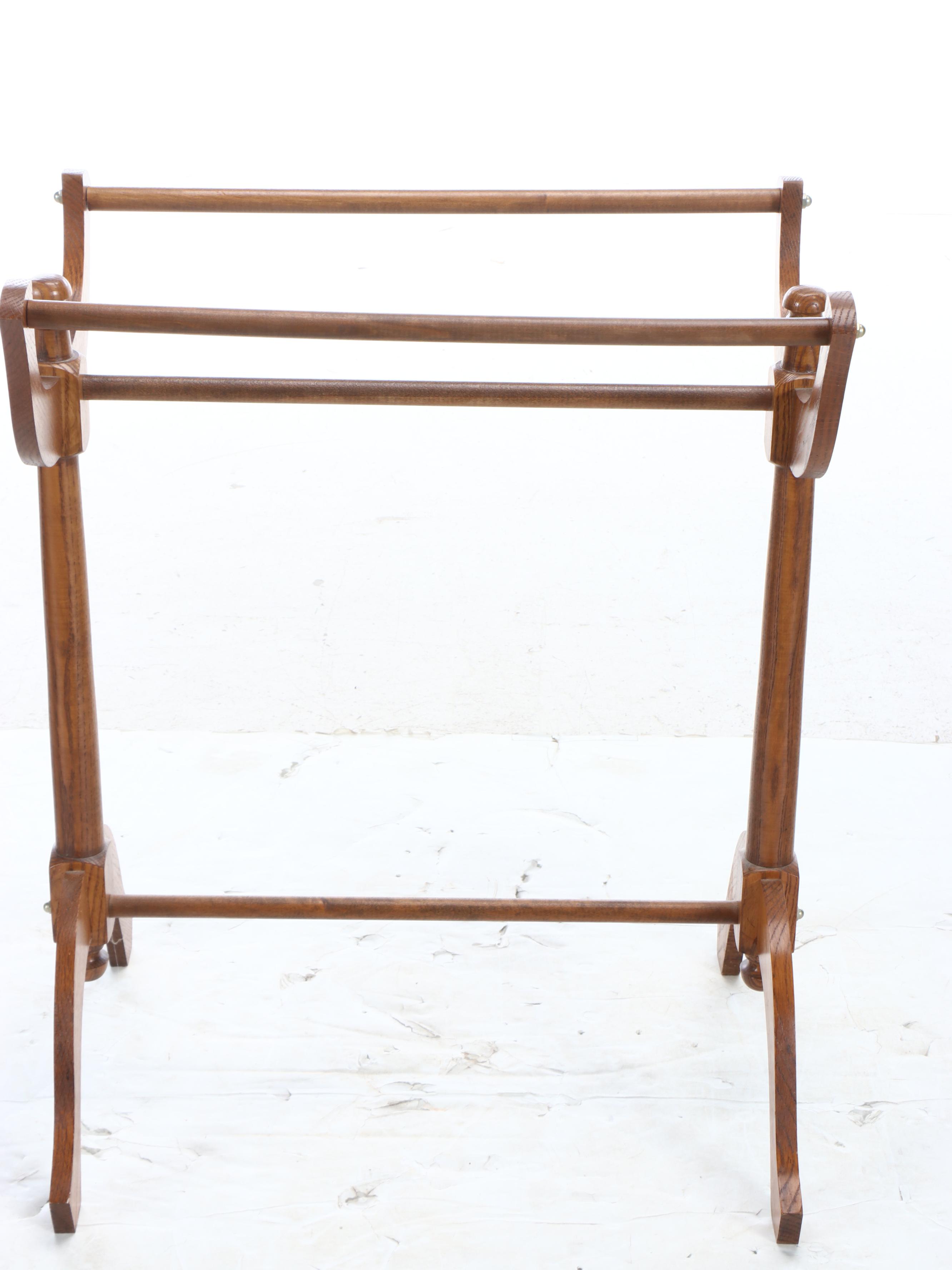 American Colonial Style Oak Quilt Rack with Red and White Woven Coverlet, 20th C