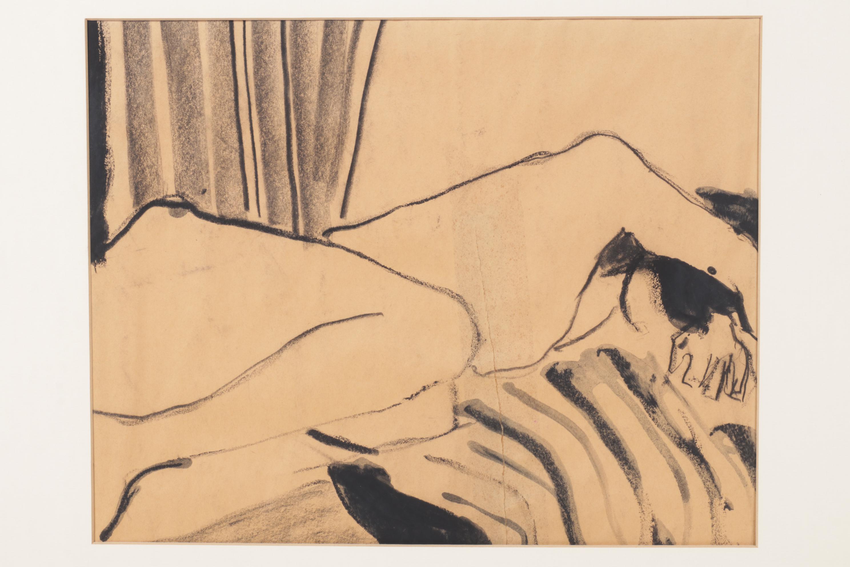 Abstract Gestural Figural Drawing of Resting Subject in Black Oil Pastel