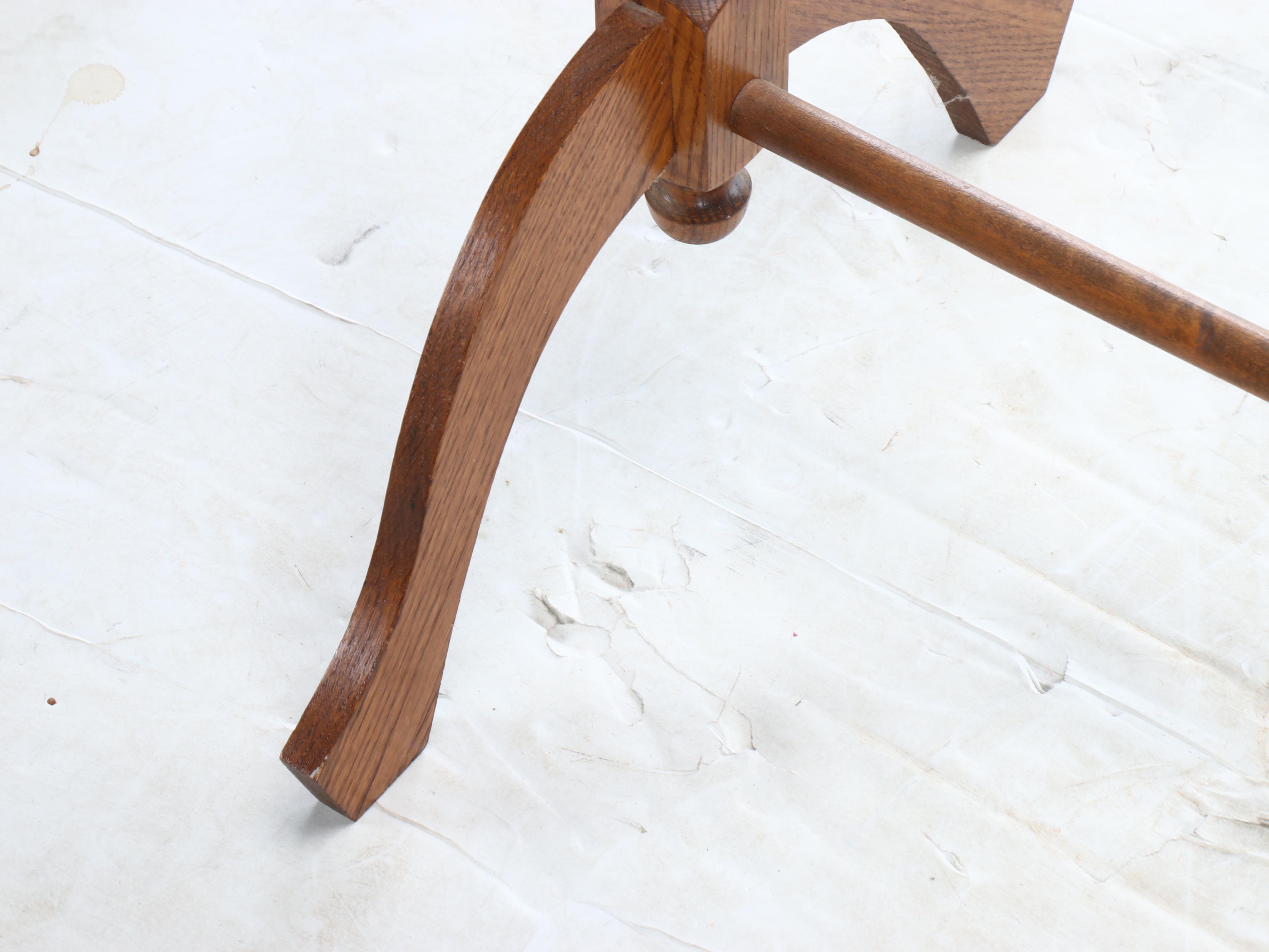 American Colonial Style Oak Quilt Rack with Red and White Woven Coverlet, 20th C