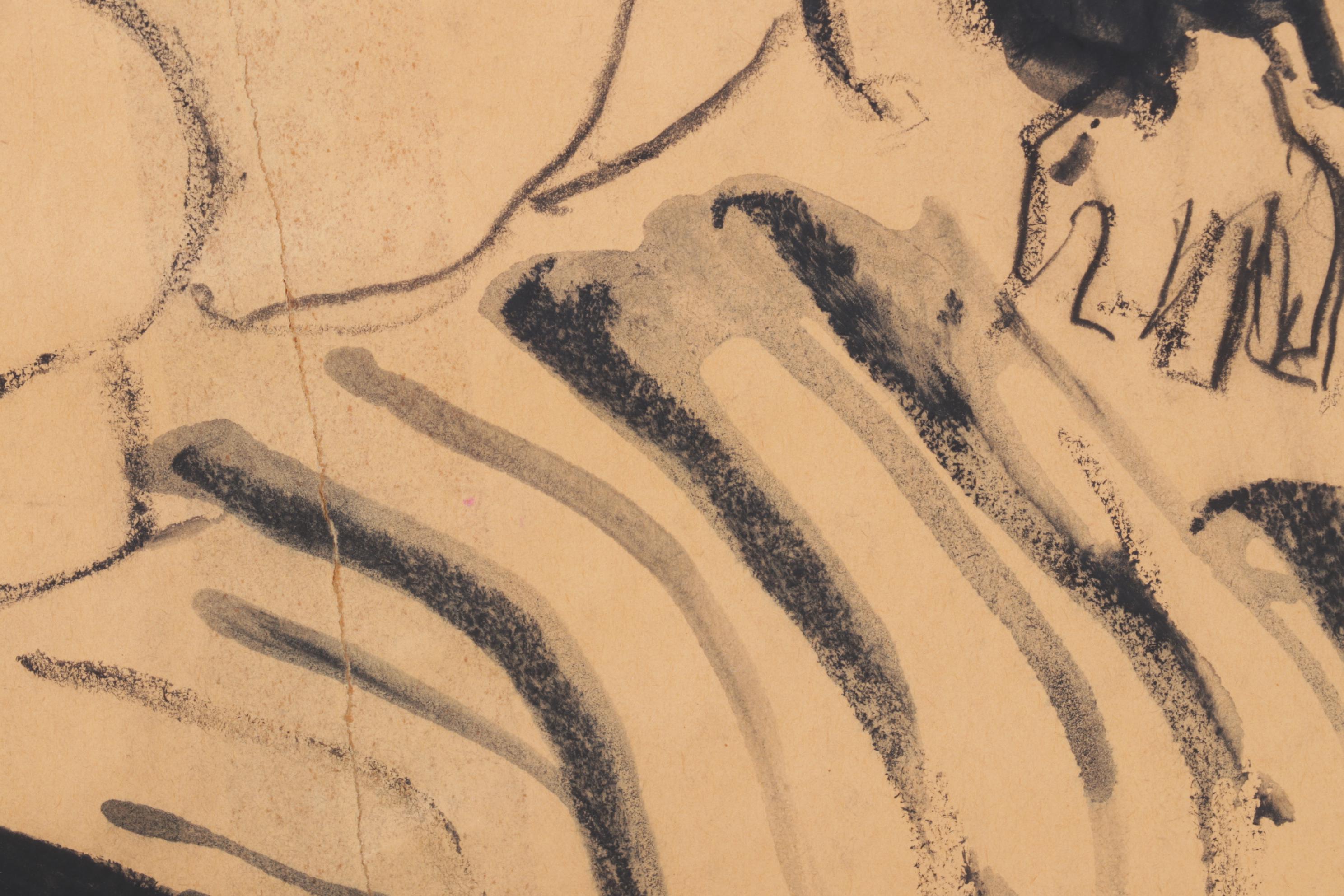 Abstract Gestural Figural Drawing of Resting Subject in Black Oil Pastel