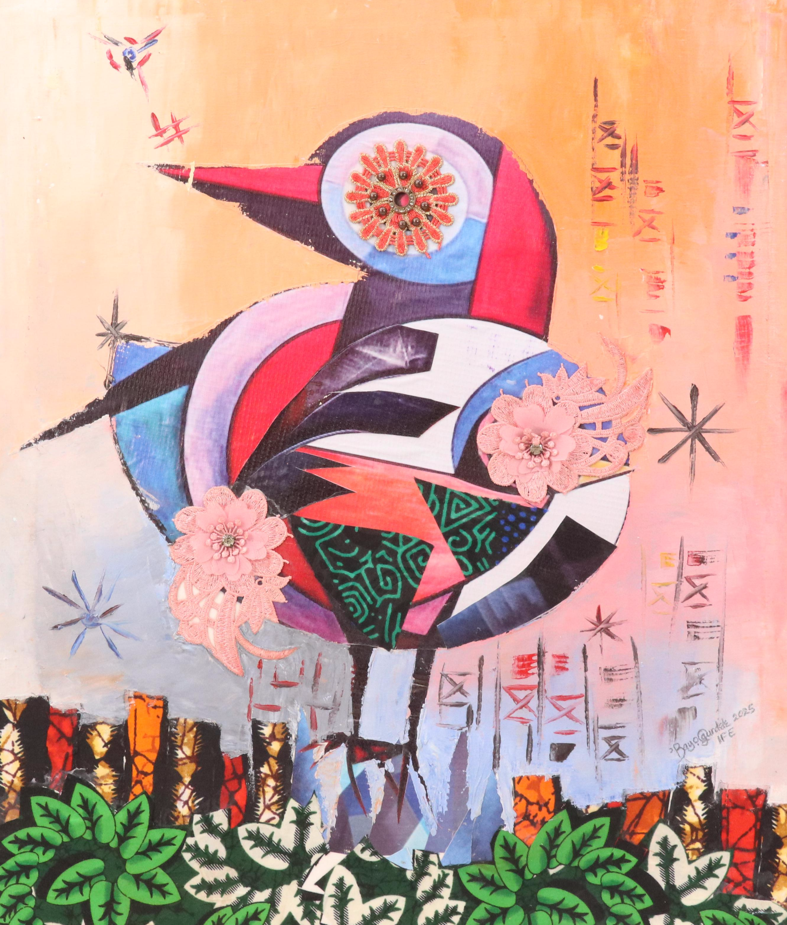 Bayo Ogundele Stylized Mixed Media Collage of a Bird "Ogongo" 2025