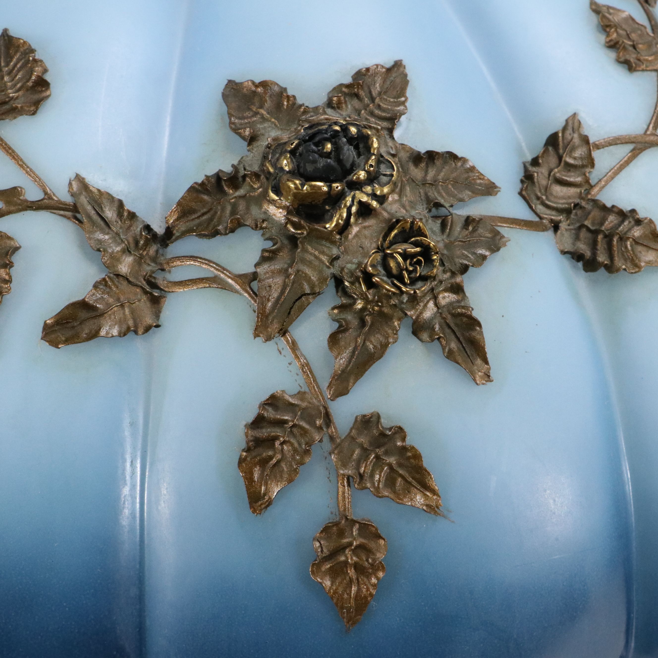 Hollywood Regency Style Gilt Metal Roses on Blue Glass Parlor Lamp, Vintage