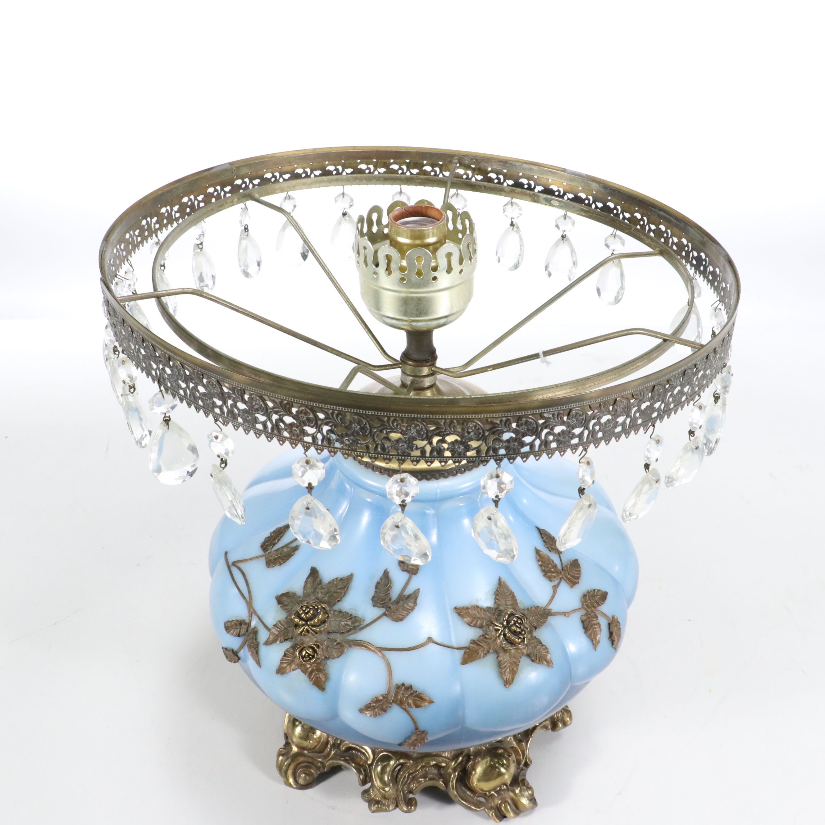 Hollywood Regency Style Gilt Metal Roses on Blue Glass Parlor Lamp, Vintage