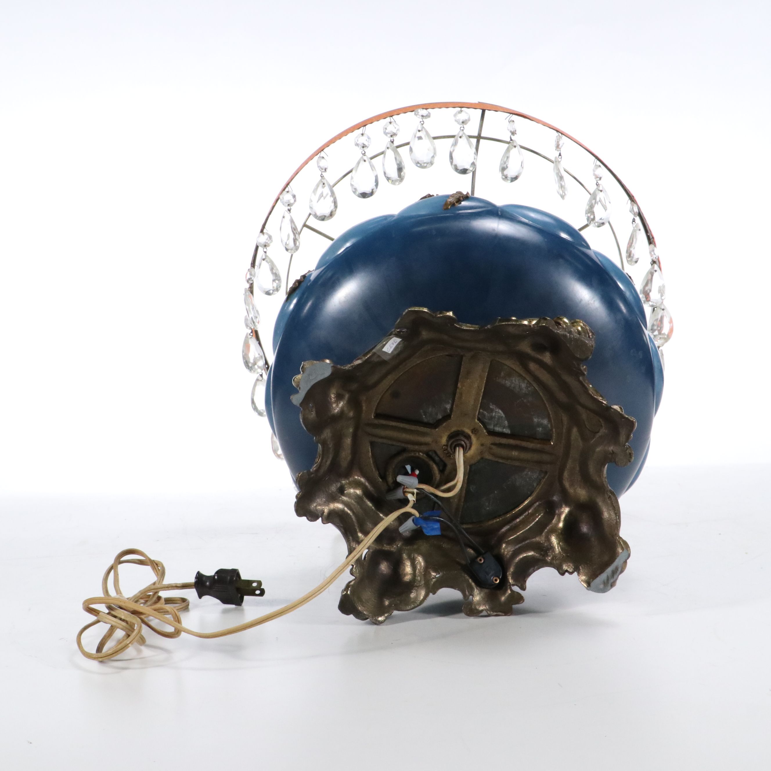 Hollywood Regency Style Gilt Metal Roses on Blue Glass Parlor Lamp, Vintage