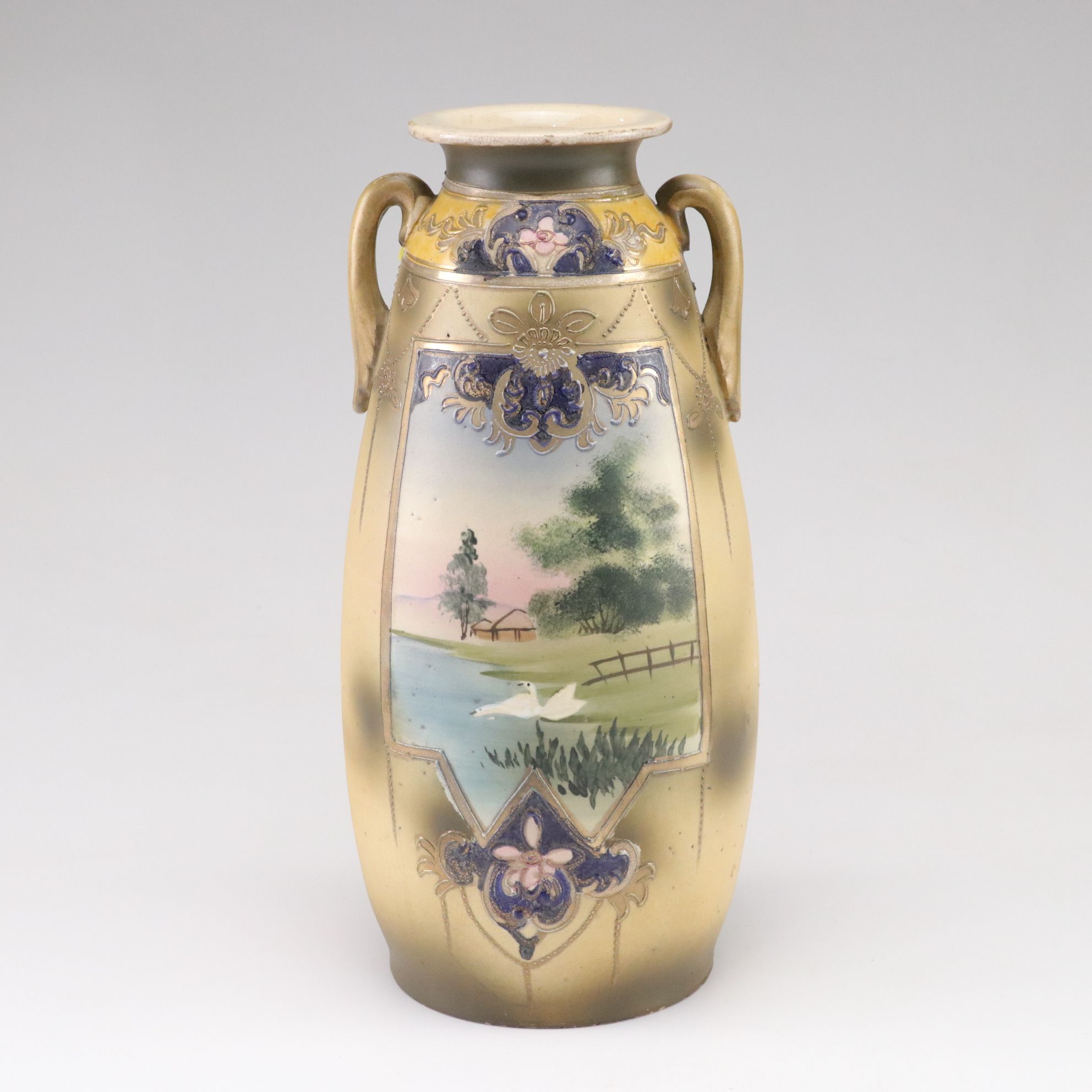 Japanese Satsuma Hand-Painted Scenic Swans Amphora Vase