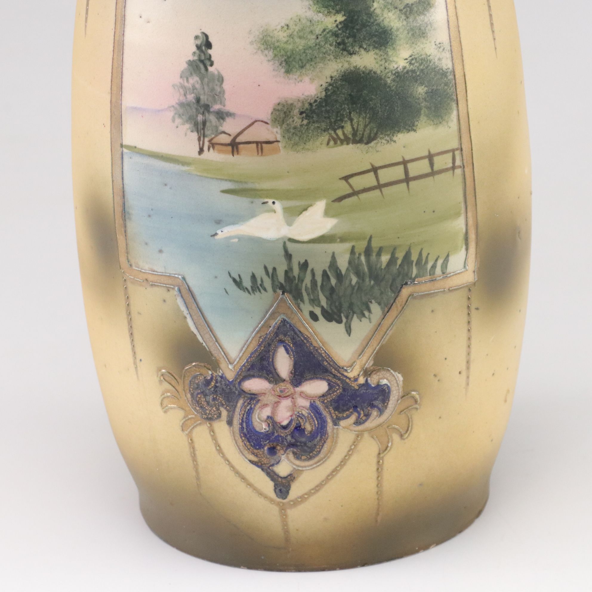 Japanese Satsuma Hand-Painted Scenic Swans Amphora Vase