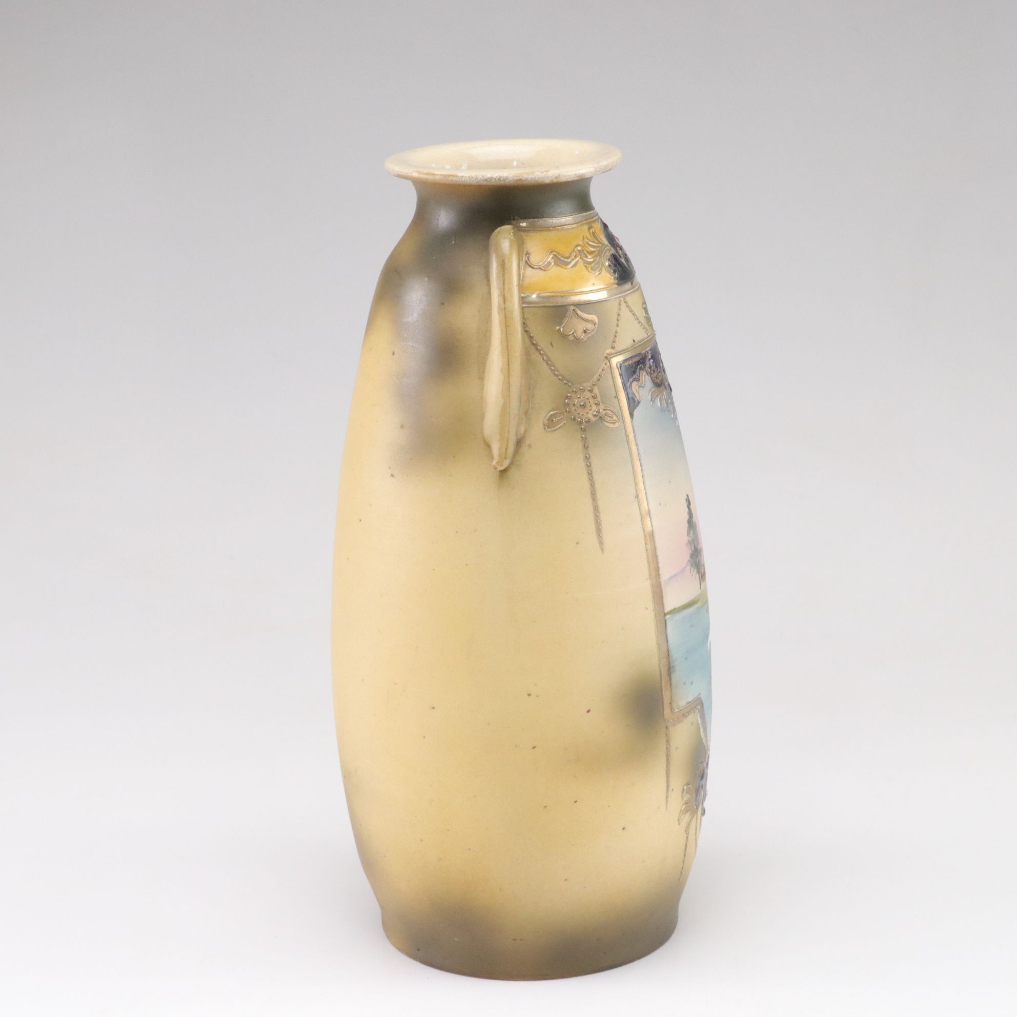 Japanese Satsuma Hand-Painted Scenic Swans Amphora Vase