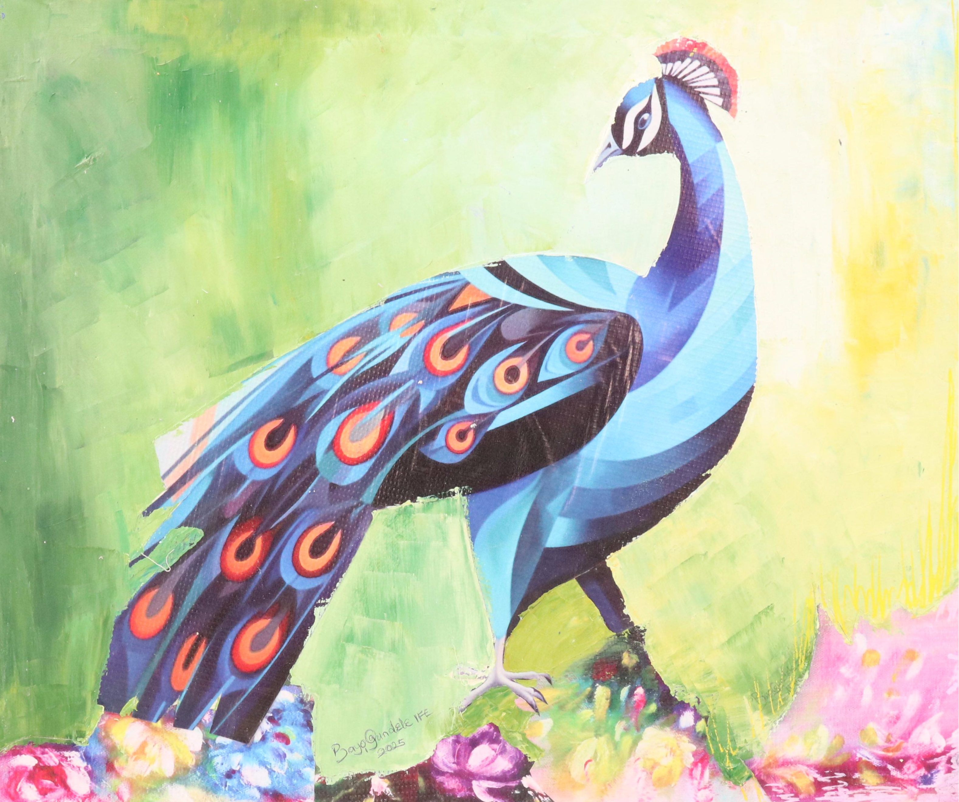 Bayo Ogundele Stylized Mixed Media Collage of a Peacock "Eye-Okin," 2025