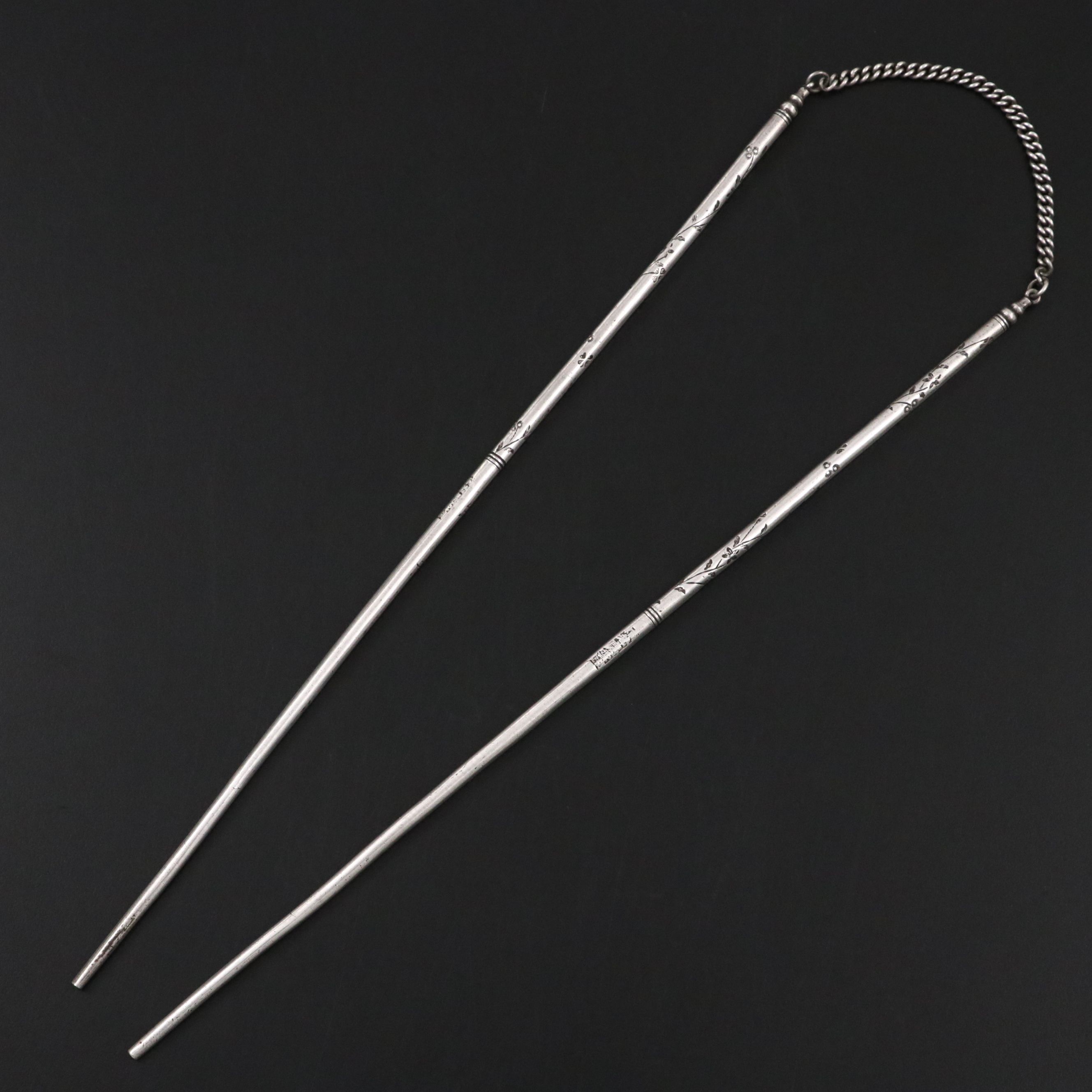 Antique Chinese Engraved Sterling Silver Chopsticks