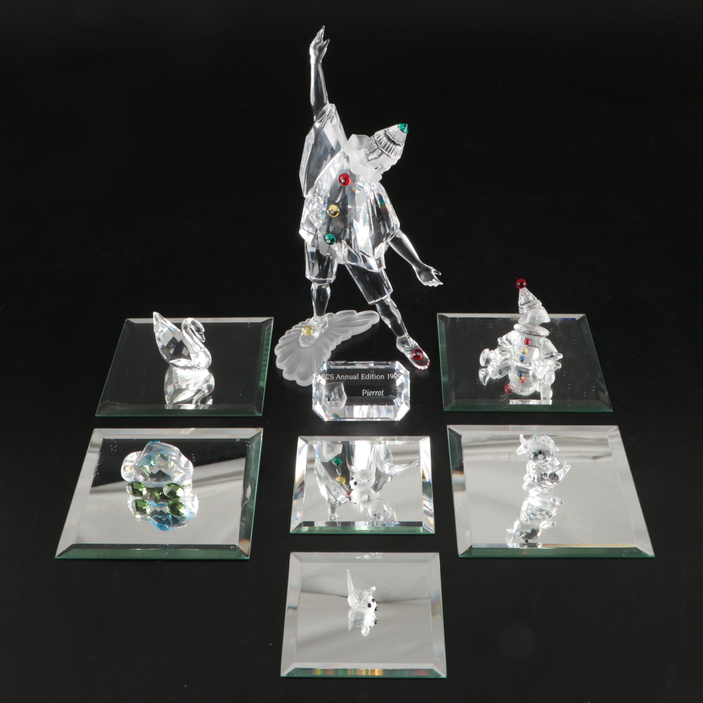 Swarovski Crystal Figurines Featuring Pierrot, Swan, Car and Other Animals