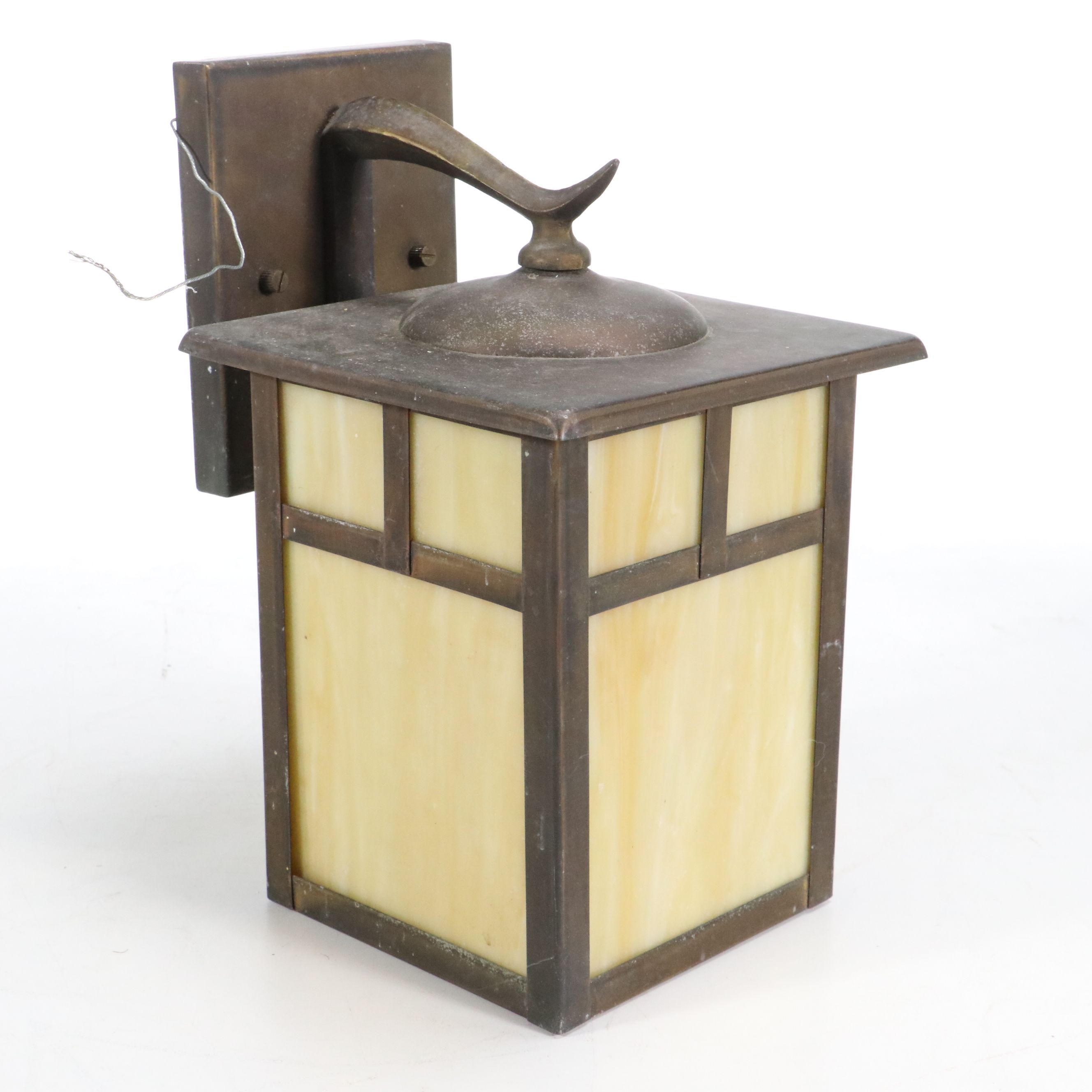 Mission Style Bronzed Metal and Butterscotch Slag Glass Wall Lanterns, 21st C.
