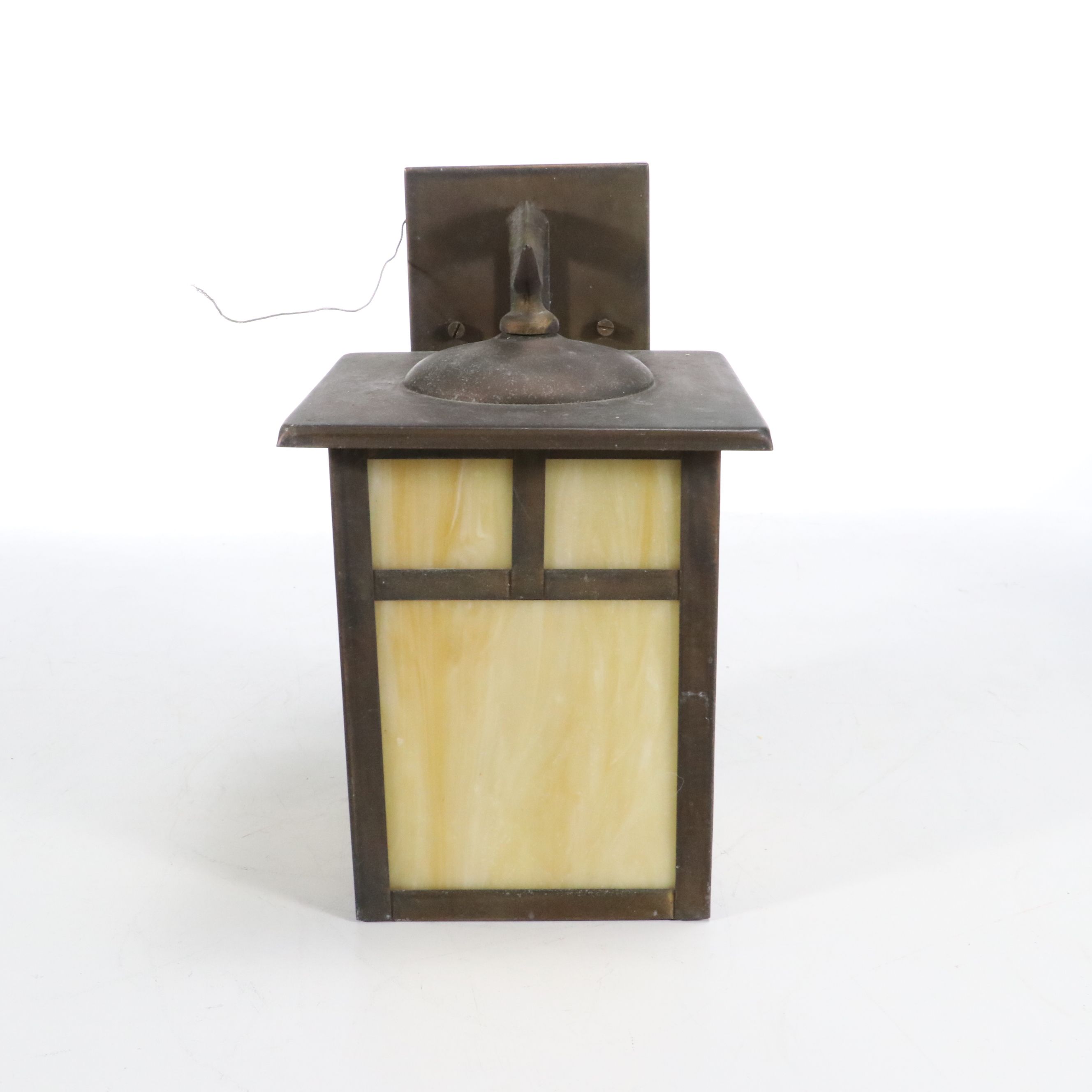 Mission Style Bronzed Metal and Butterscotch Slag Glass Wall Lanterns, 21st C.