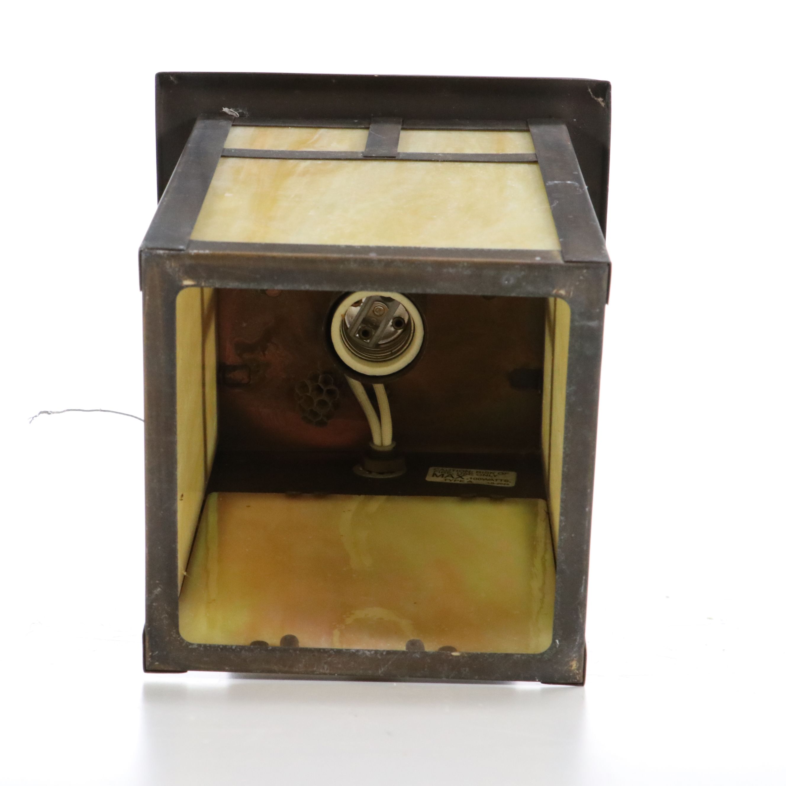 Mission Style Bronzed Metal and Butterscotch Slag Glass Wall Lanterns, 21st C.