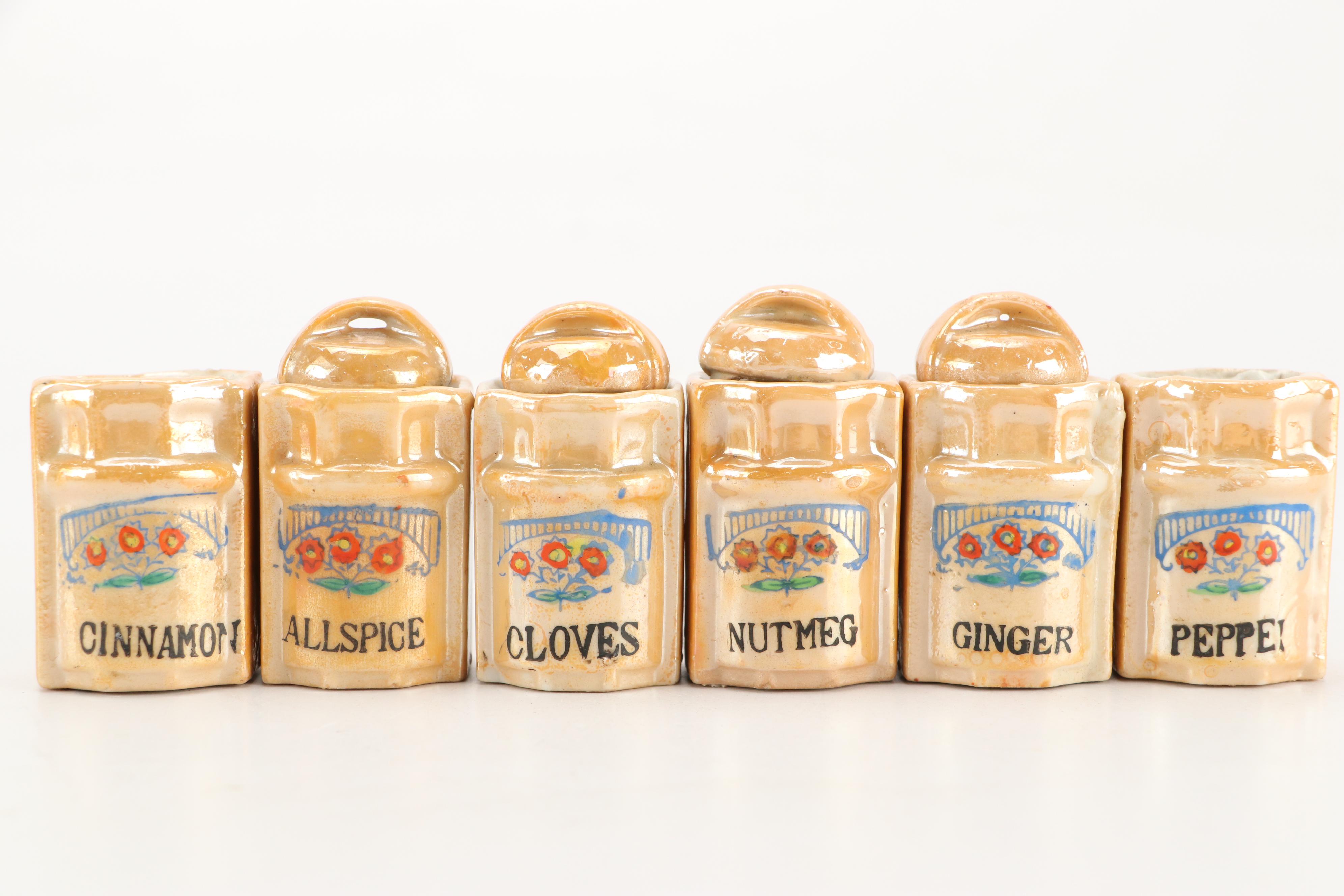 Hand-Painted Floral Ceramic Lusterware Jars and Cruets, Mid-20th Century