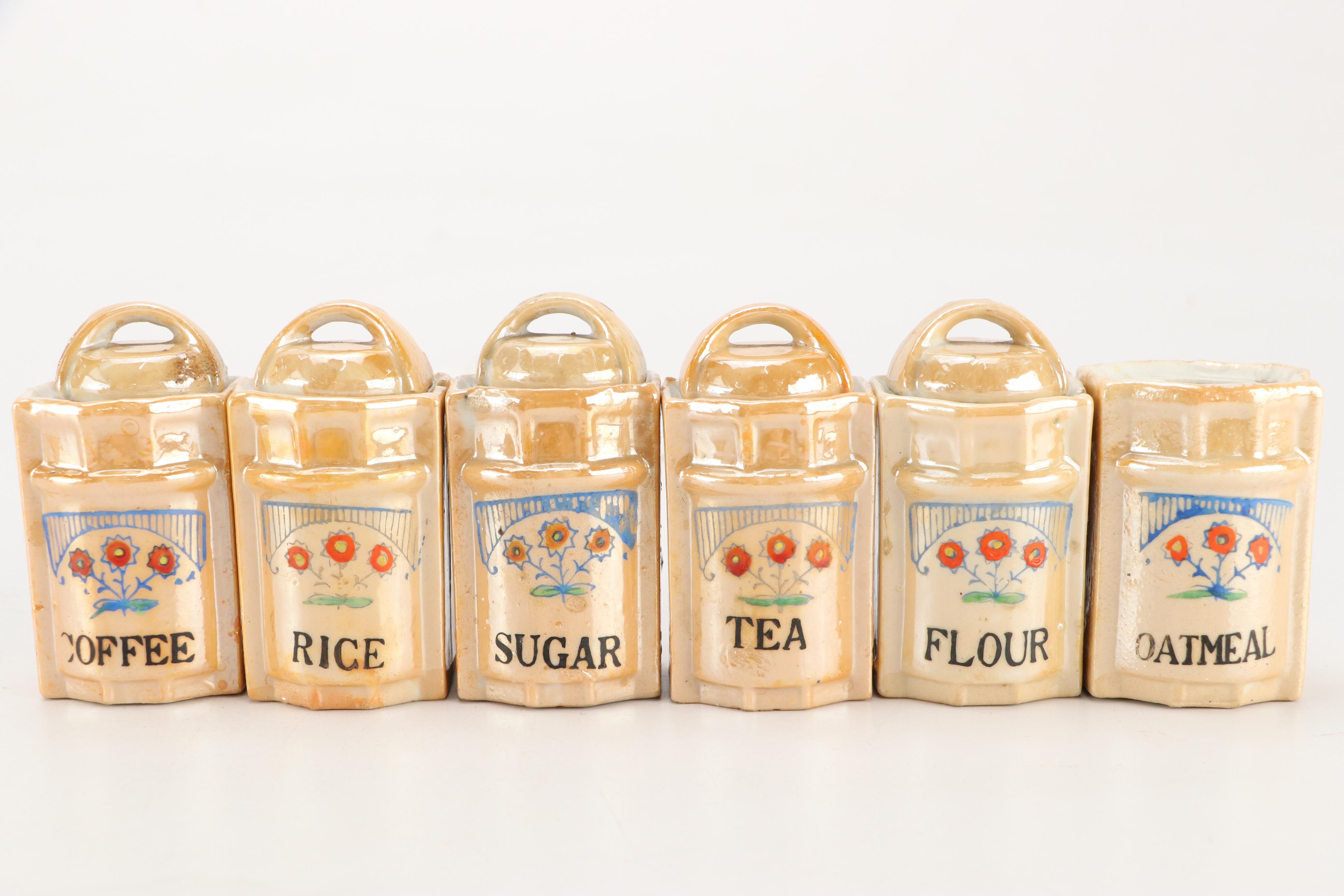 Hand-Painted Floral Ceramic Lusterware Jars and Cruets, Mid-20th Century