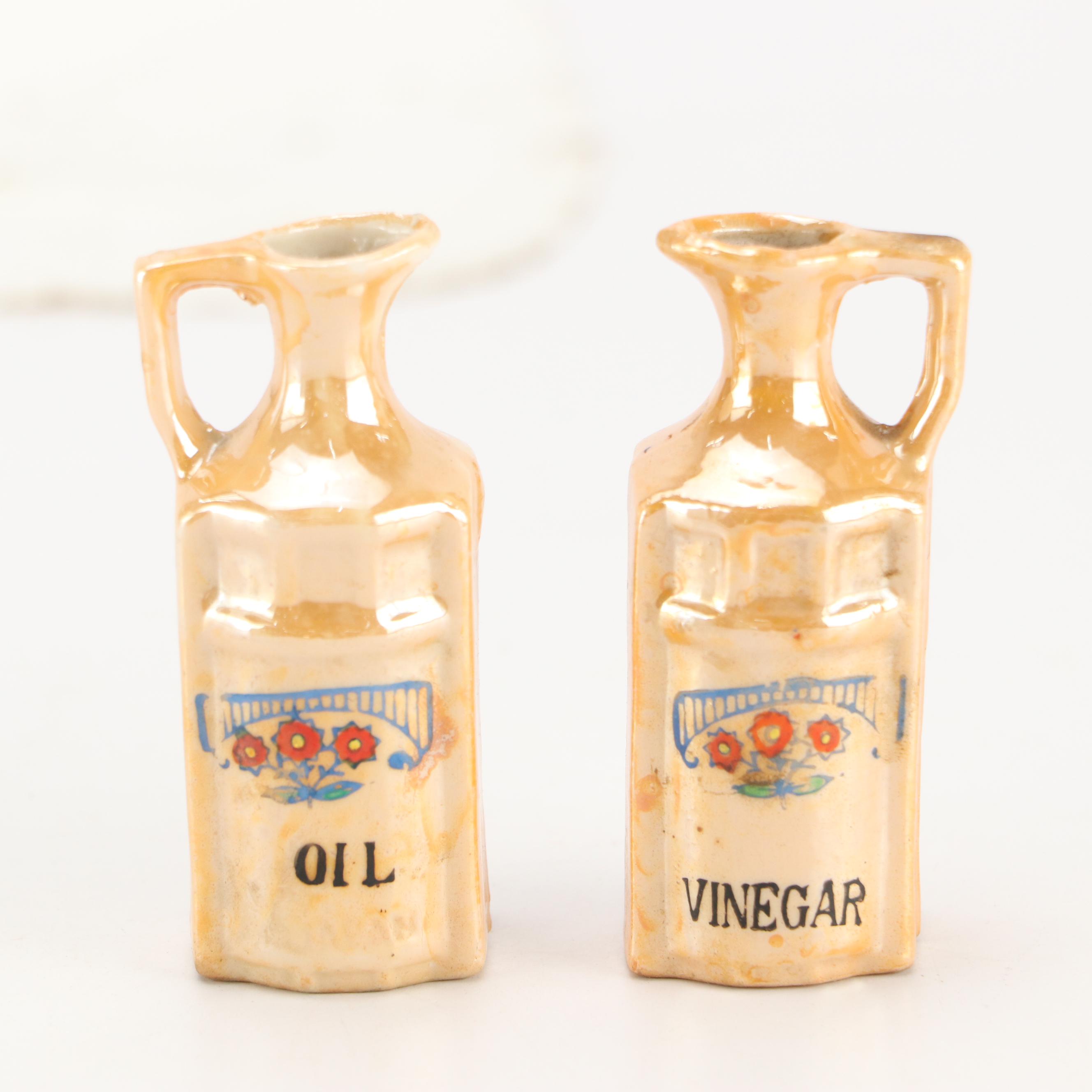 Hand-Painted Floral Ceramic Lusterware Jars and Cruets, Mid-20th Century