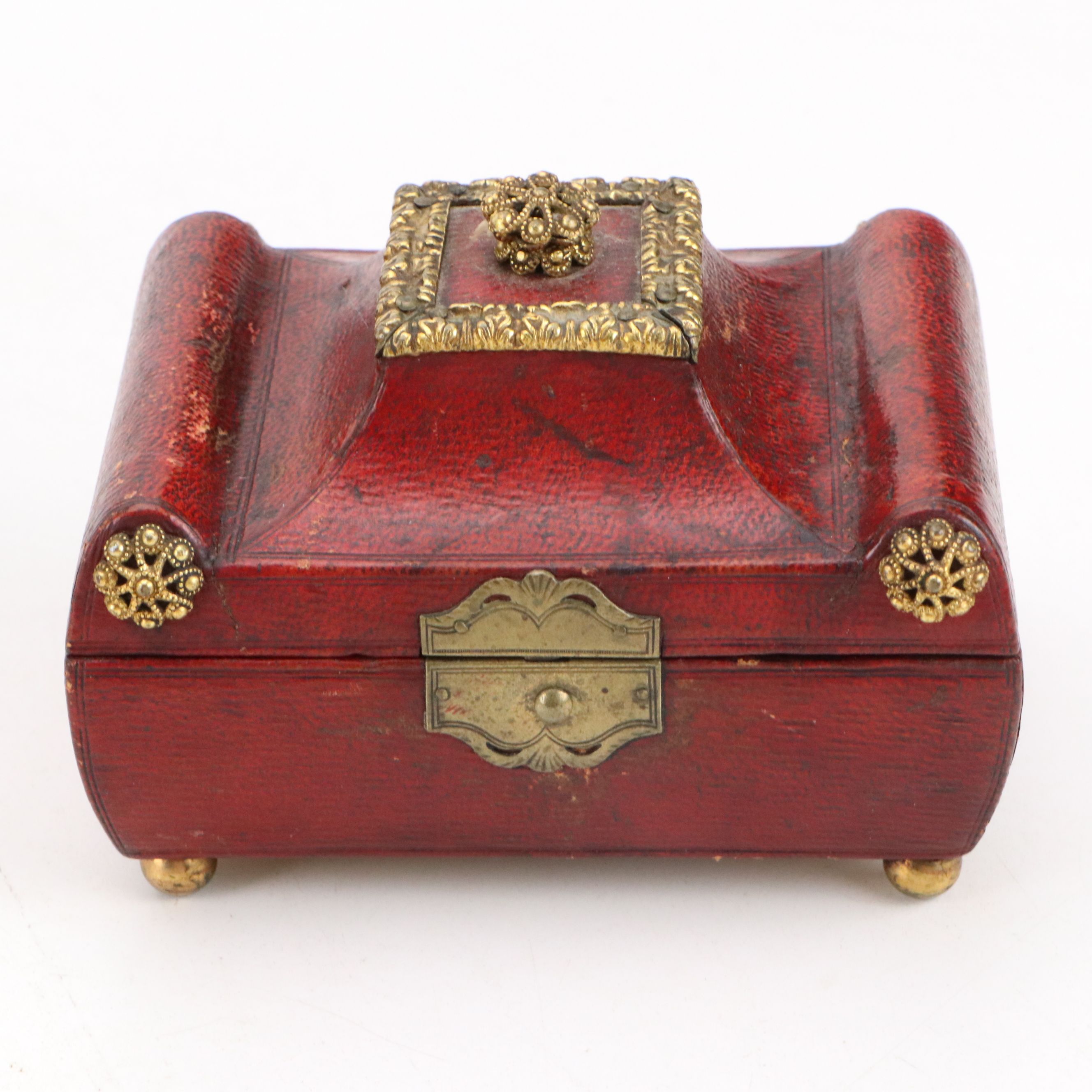Victorian Leather Wrapped Jewelry Box with Gold Gilt Brass French Medal
