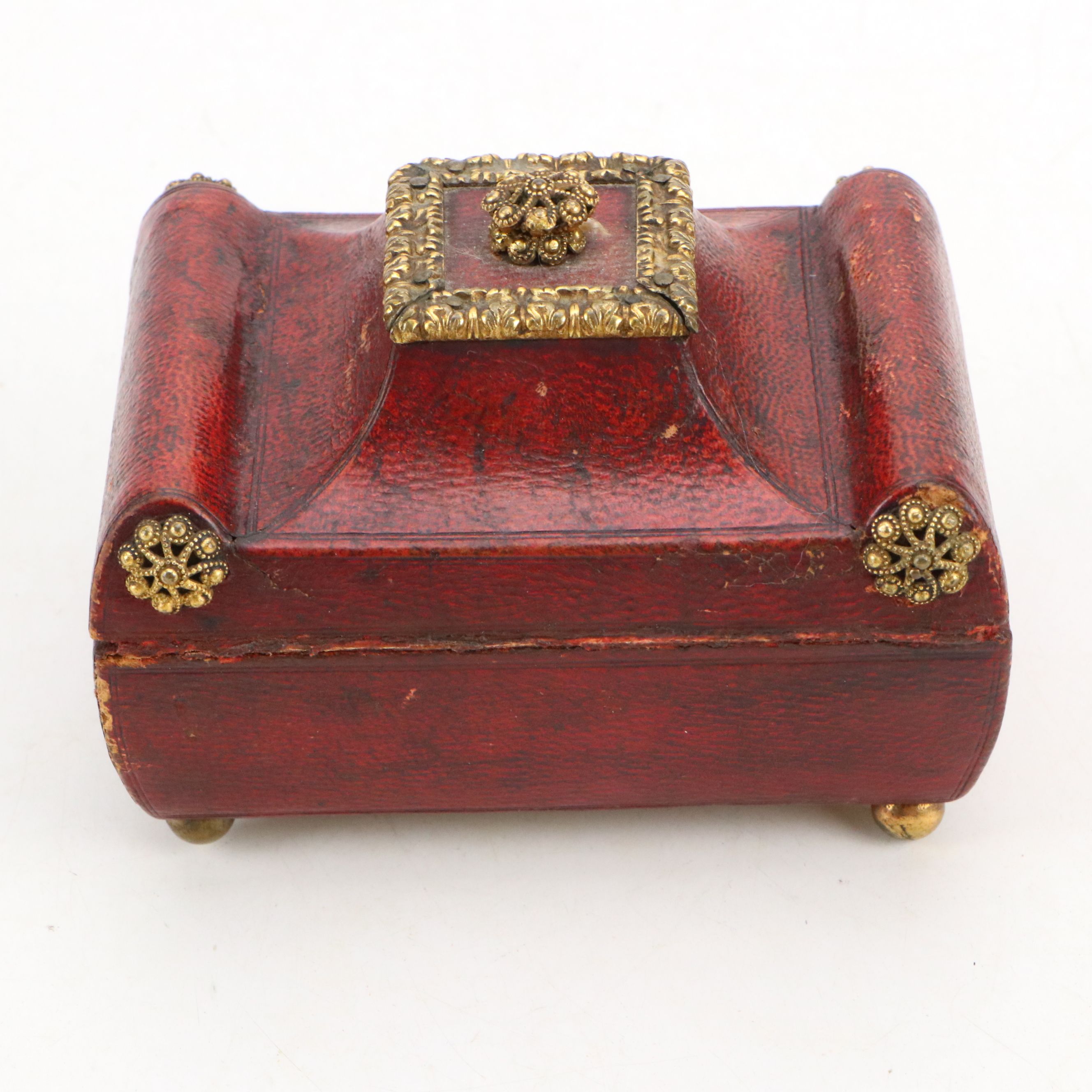 Victorian Leather Wrapped Jewelry Box with Gold Gilt Brass French Medal