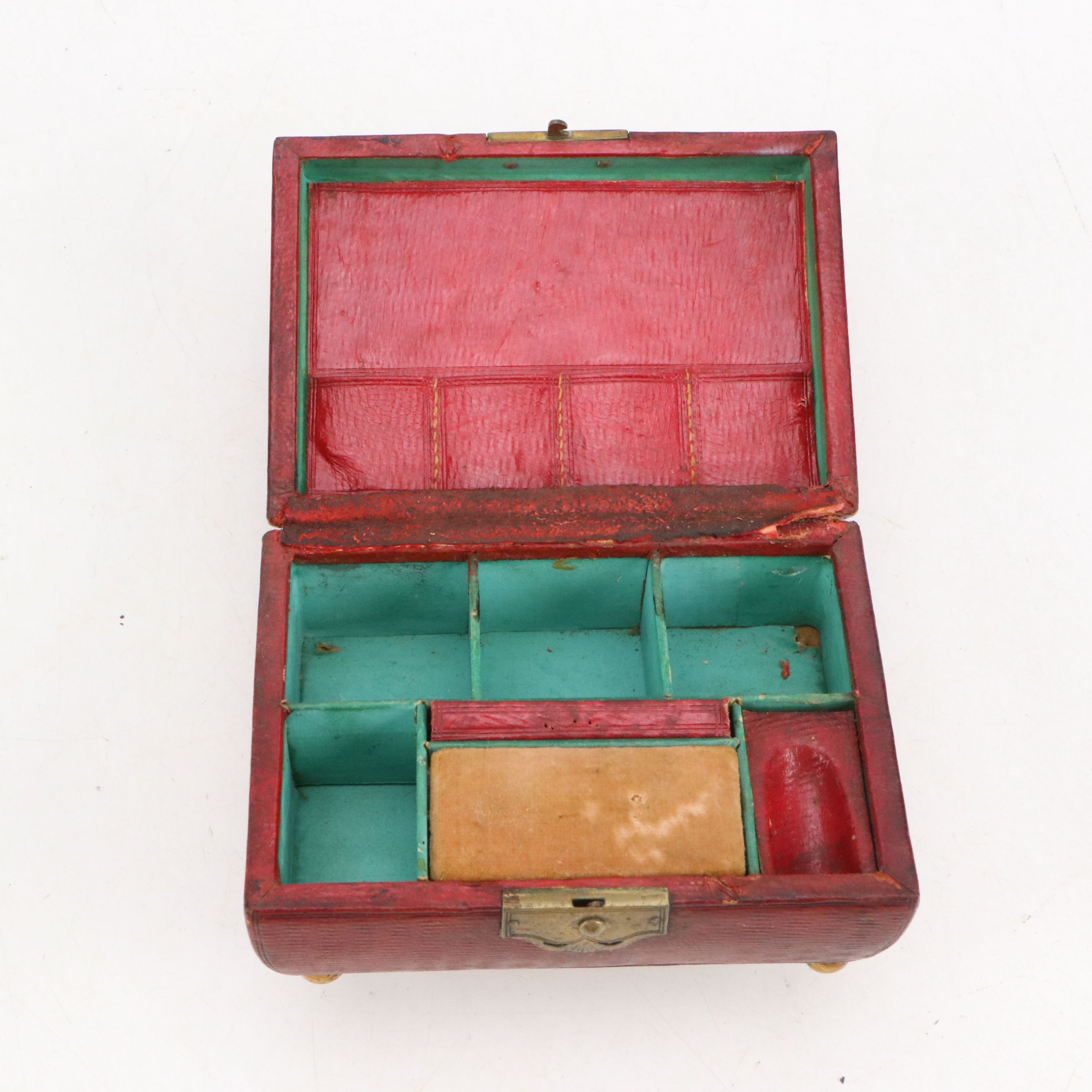 Victorian Leather Wrapped Jewelry Box with Gold Gilt Brass French Medal