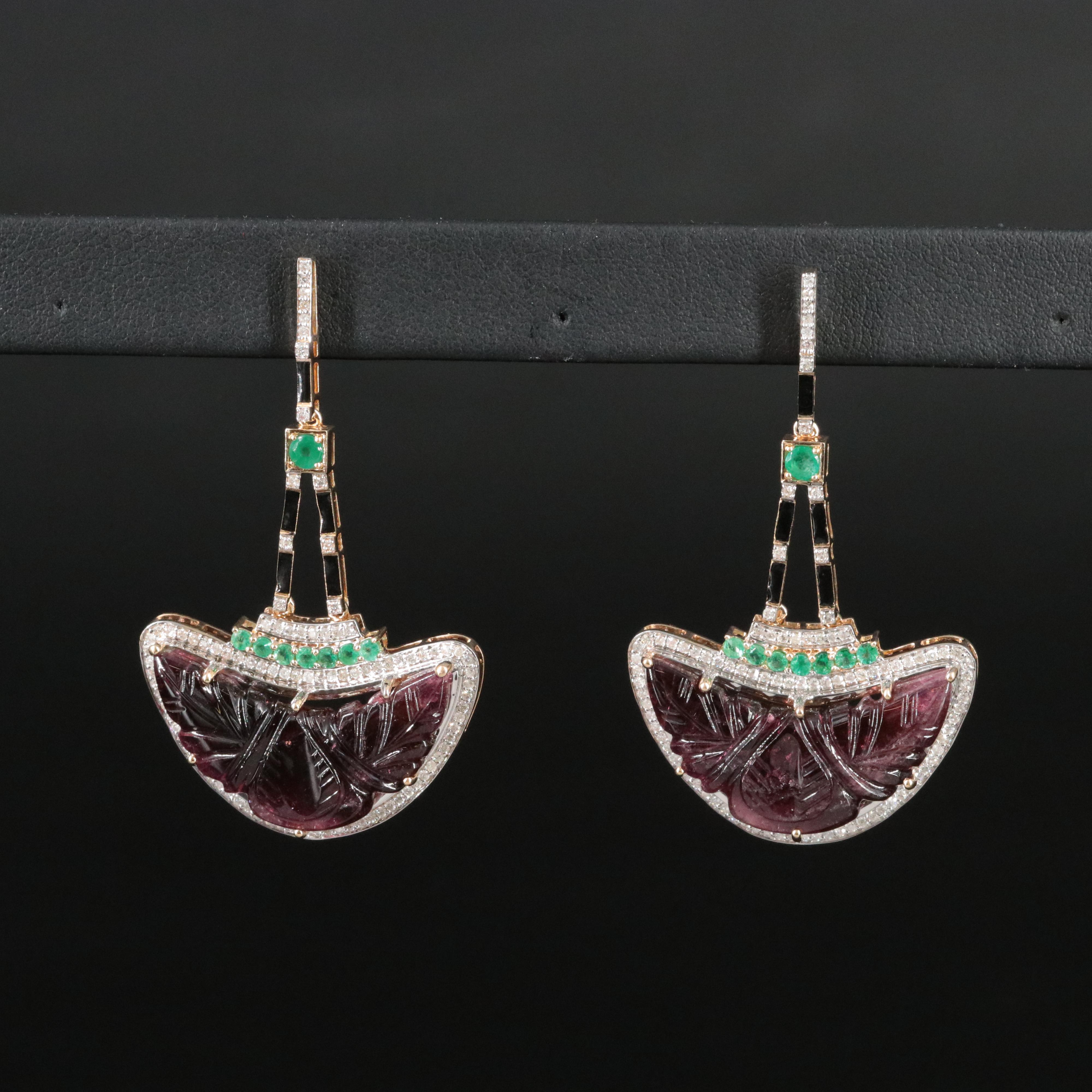 14K 24.73 CTW Rubellite, Emerald and Diamond Pendulum Earrings with IGI Report