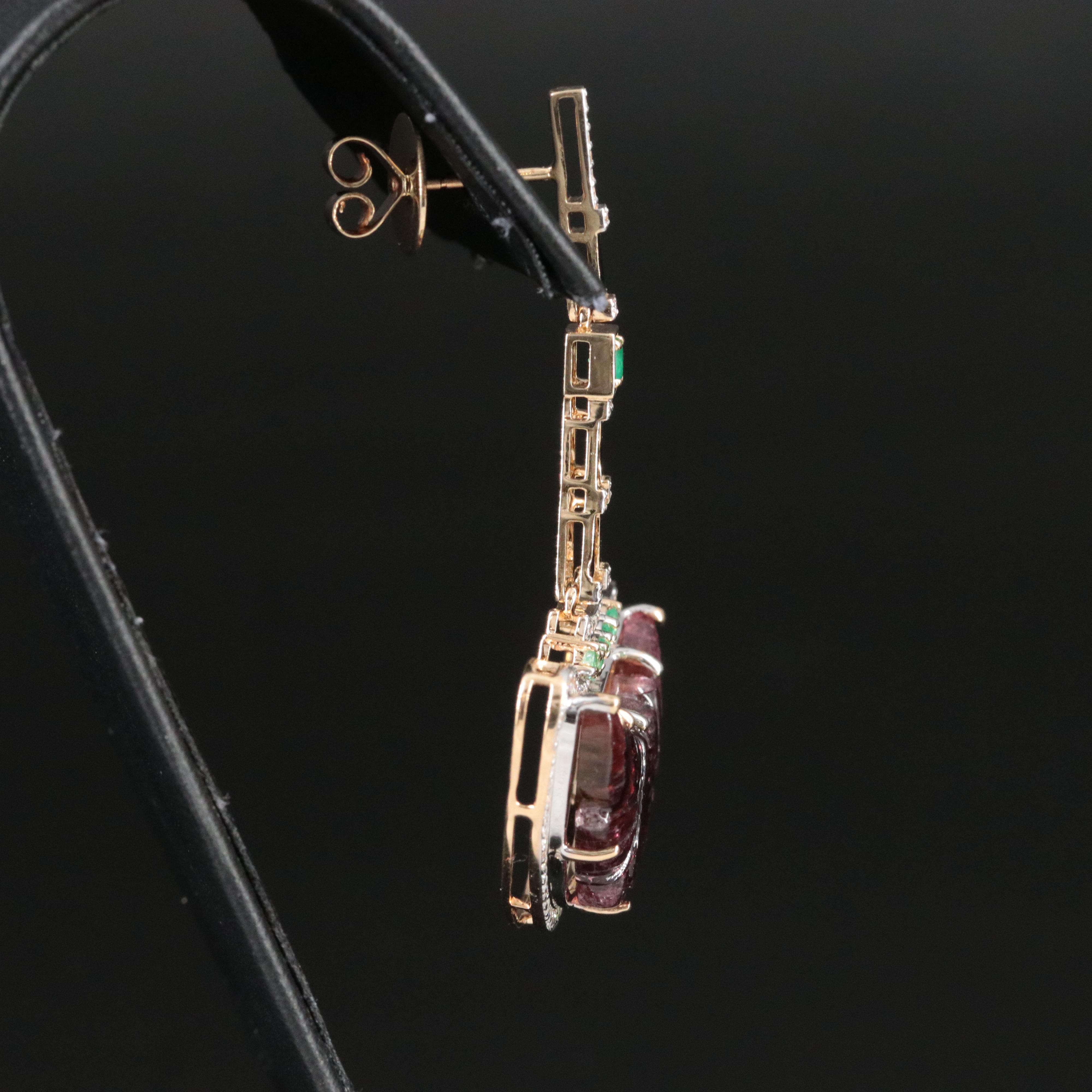 14K 24.73 CTW Rubellite, Emerald and Diamond Pendulum Earrings with IGI Report