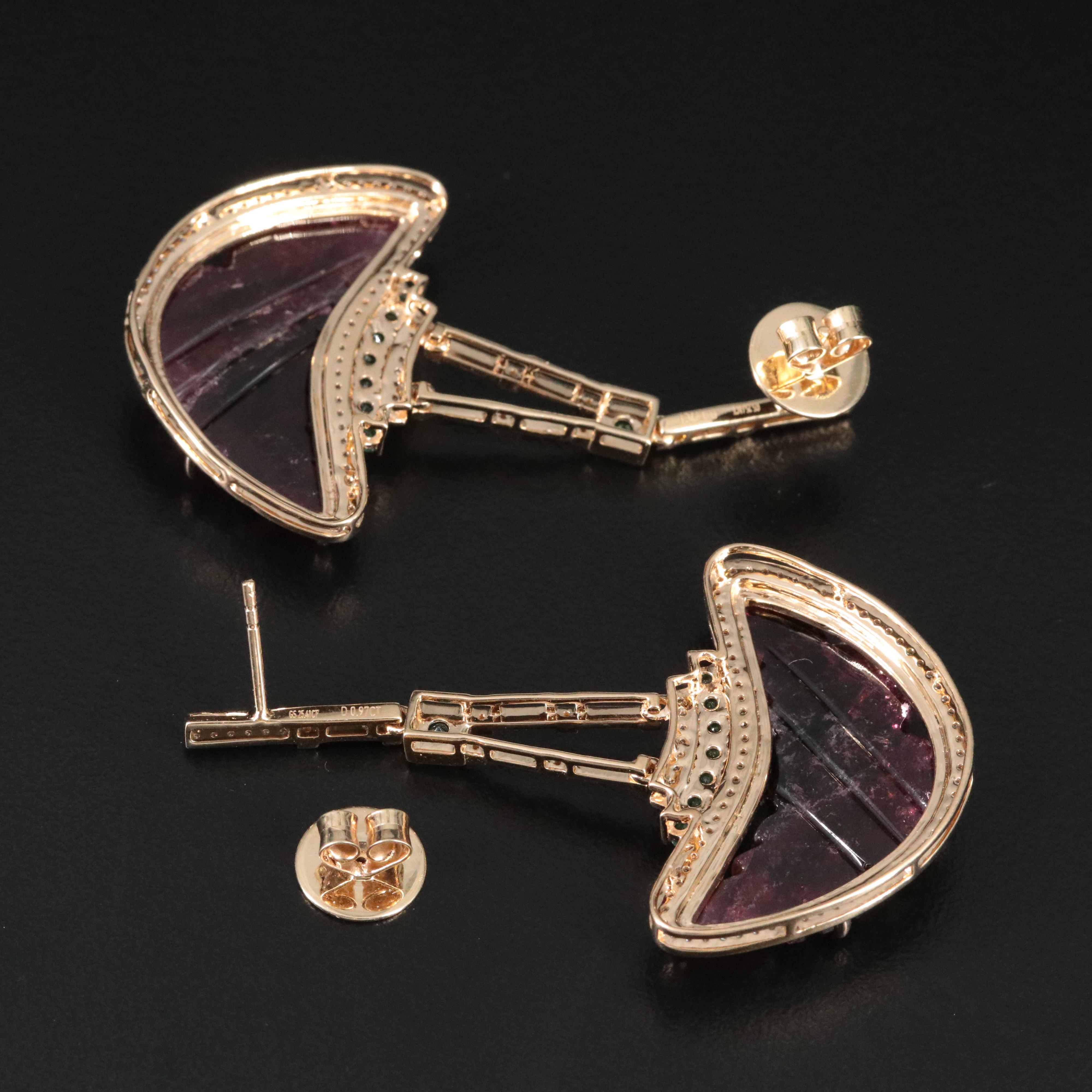 14K 24.73 CTW Rubellite, Emerald and Diamond Pendulum Earrings with IGI Report