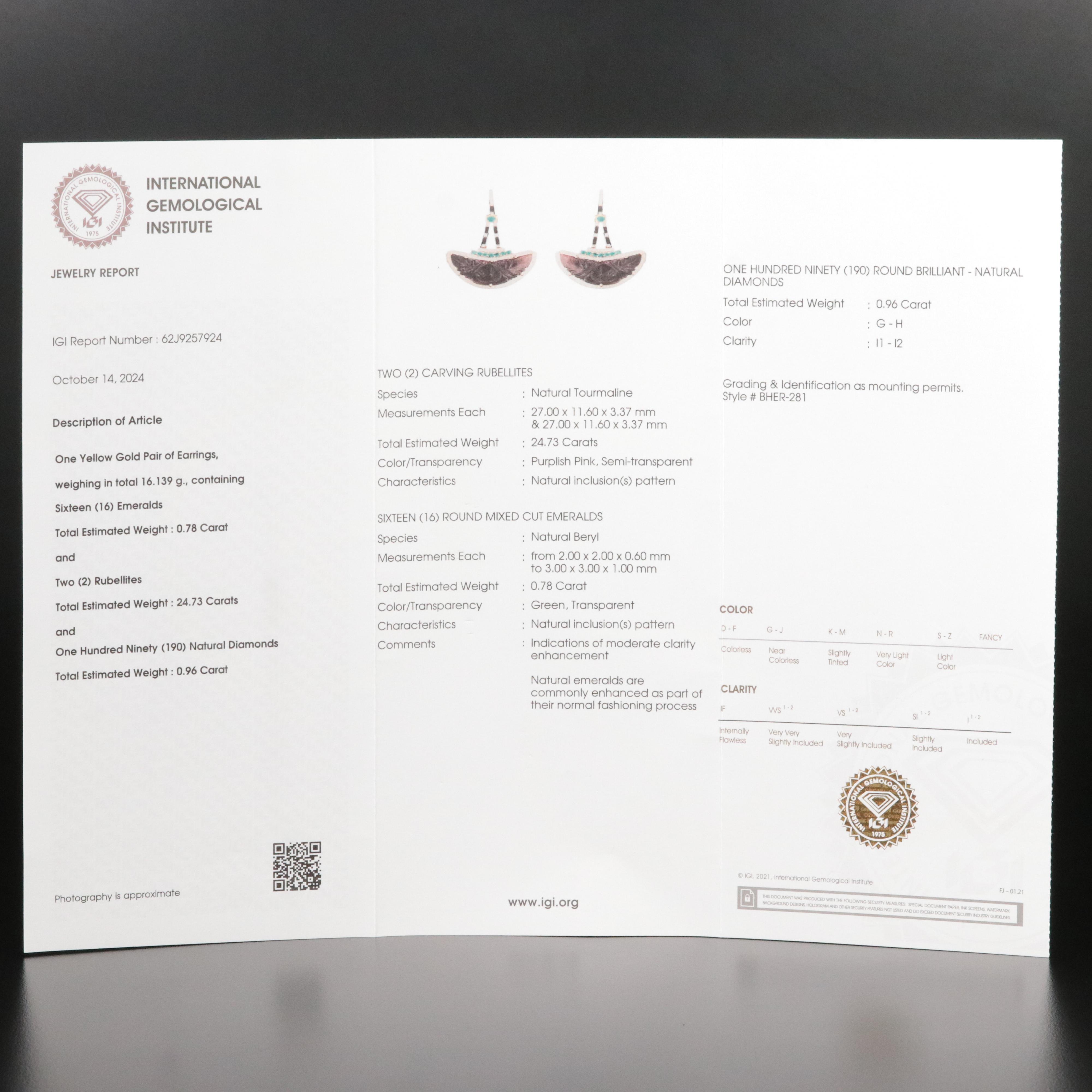 14K 24.73 CTW Rubellite, Emerald and Diamond Pendulum Earrings with IGI Report