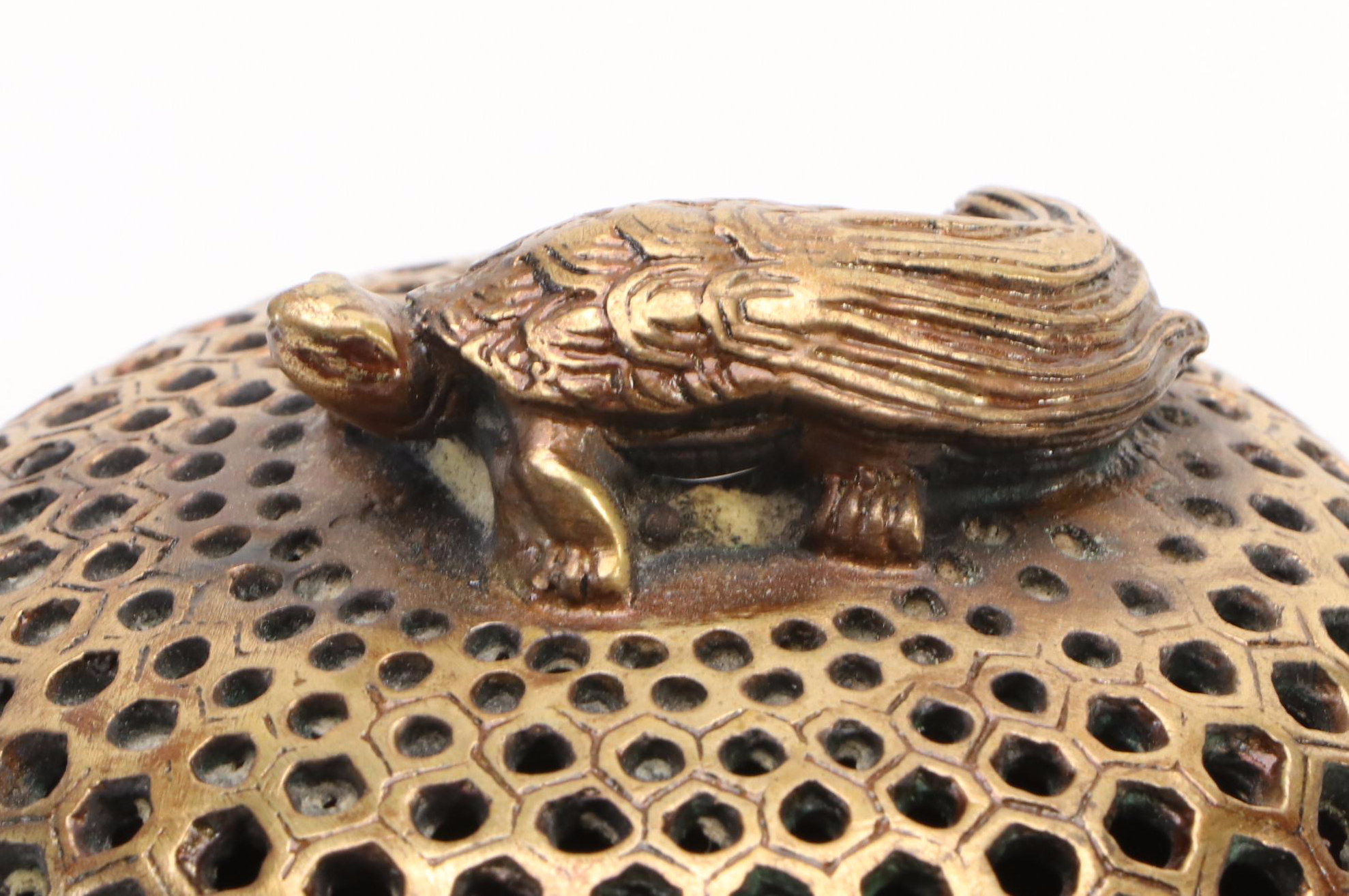 Chinese Bas Relief Brass Cranes Incense Burner with Tortoise Finial