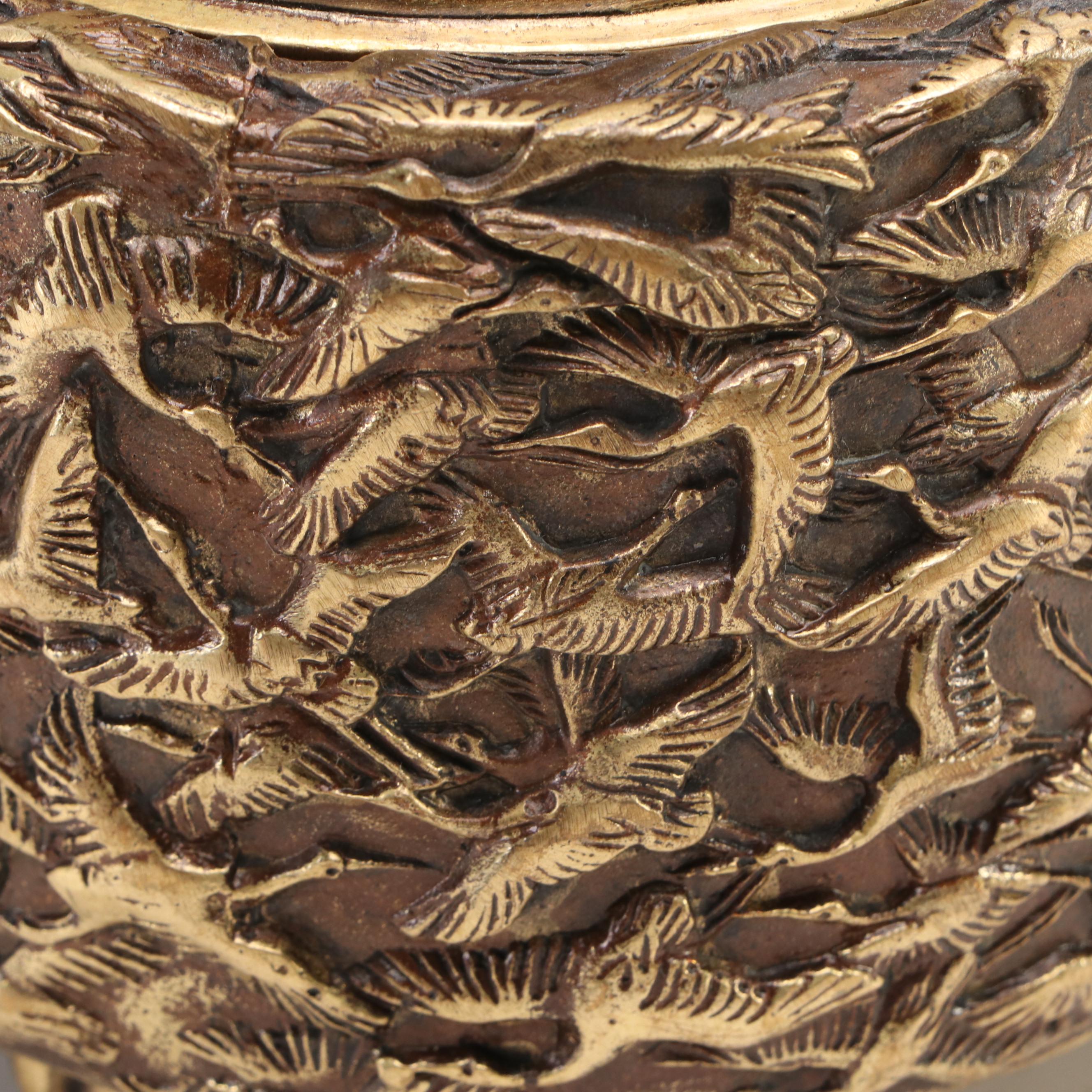 Chinese Bas Relief Brass Cranes Incense Burner with Tortoise Finial