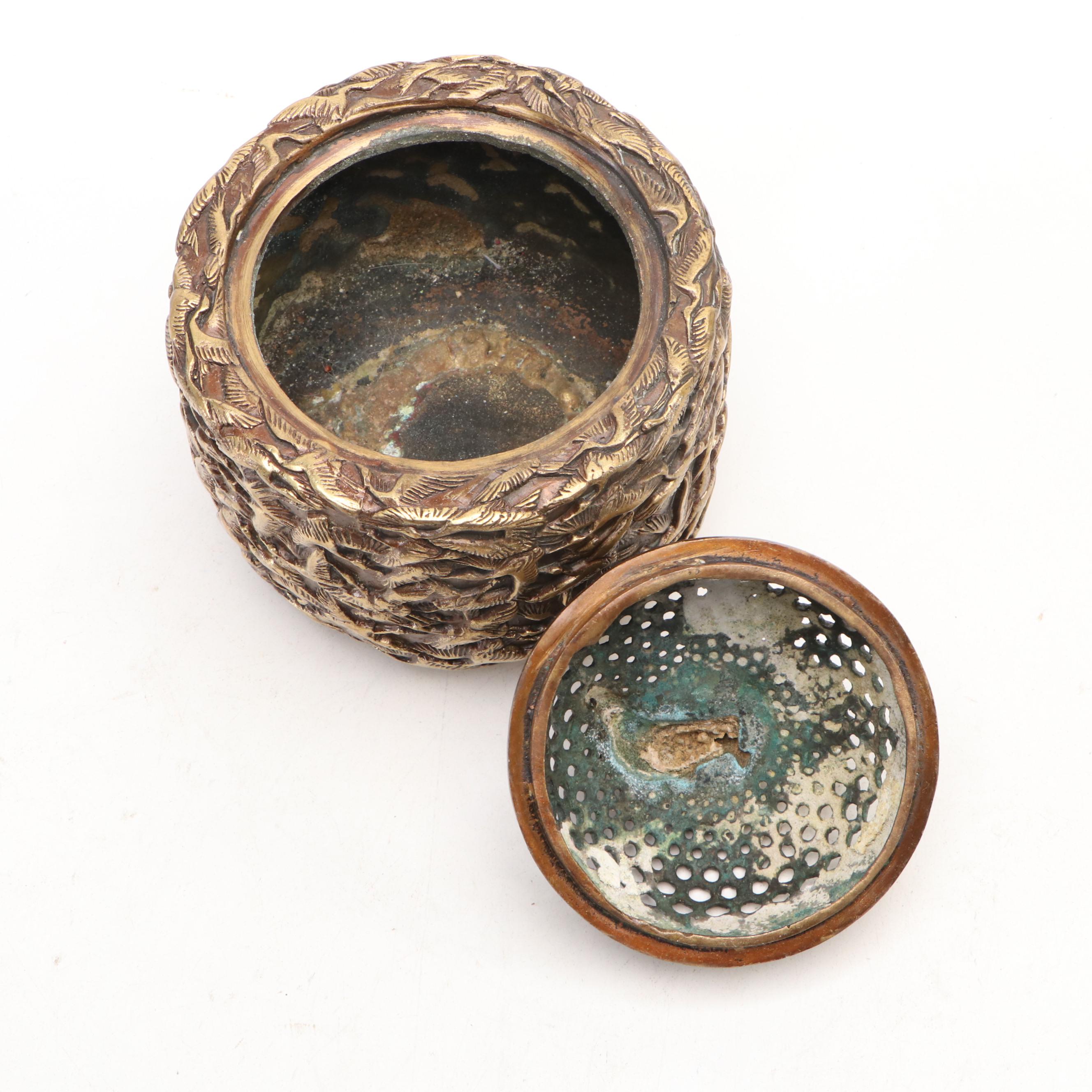 Chinese Bas Relief Brass Cranes Incense Burner with Tortoise Finial