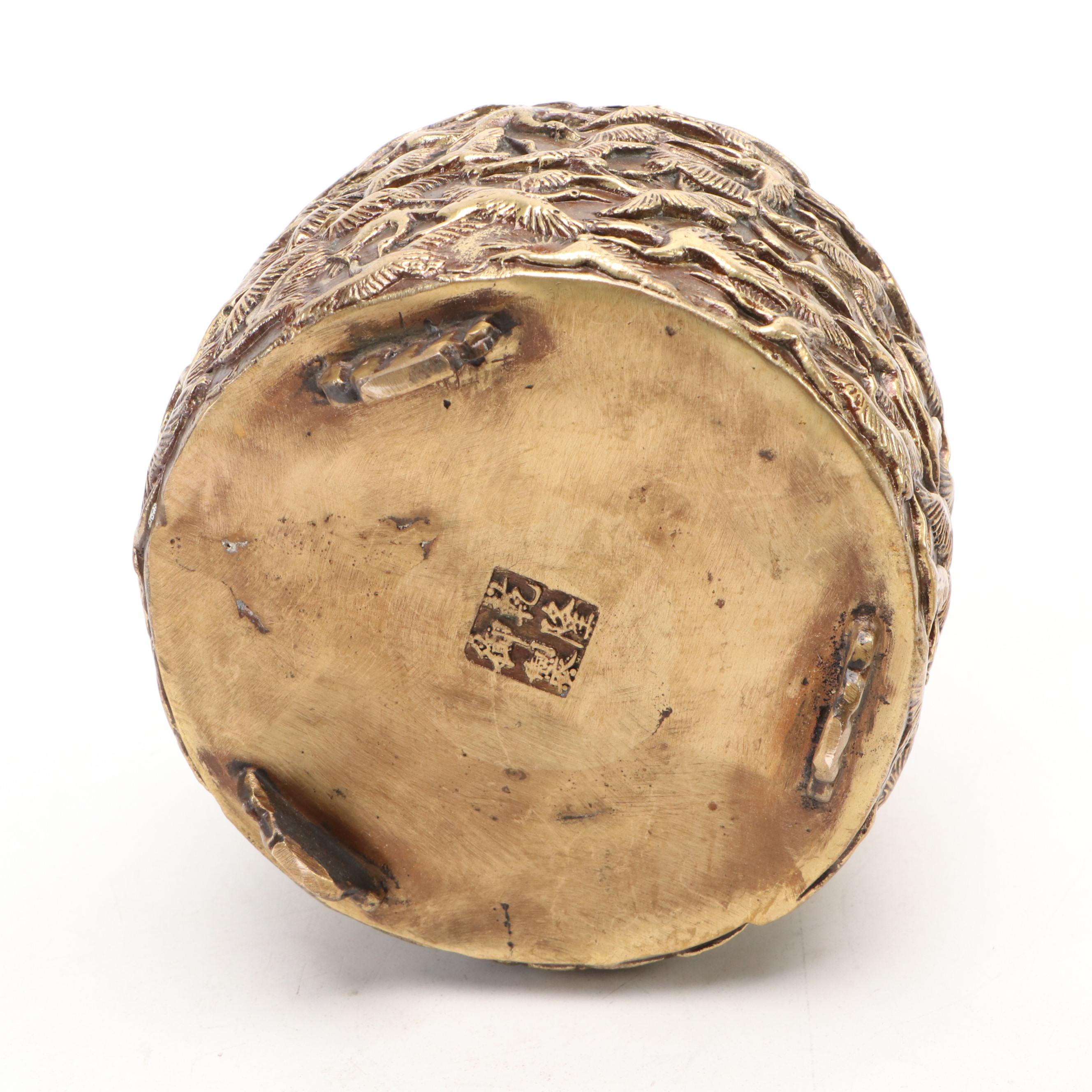 Chinese Bas Relief Brass Cranes Incense Burner with Tortoise Finial