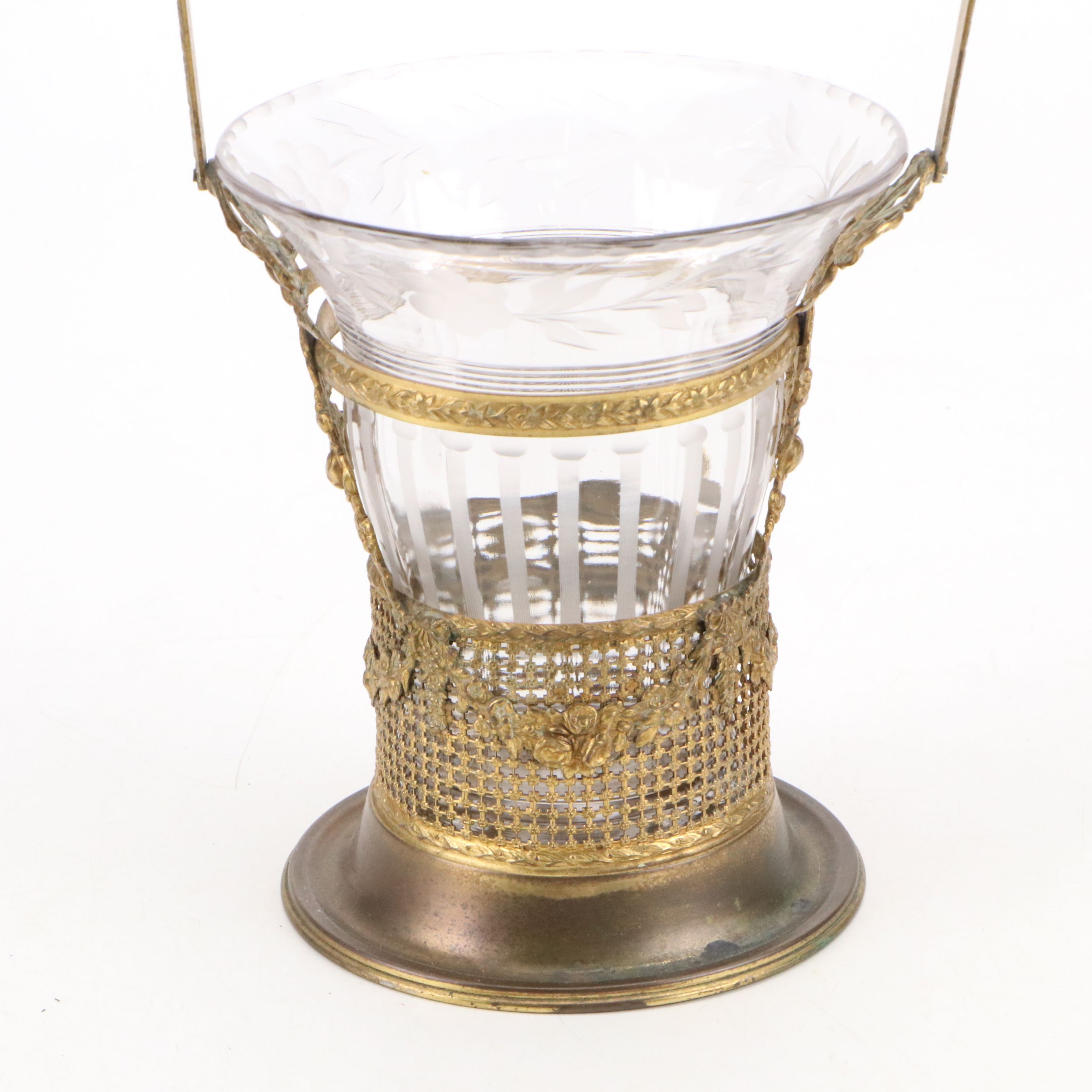 French Empire Style Ormolu Mounted Etched Glass Basket Vase