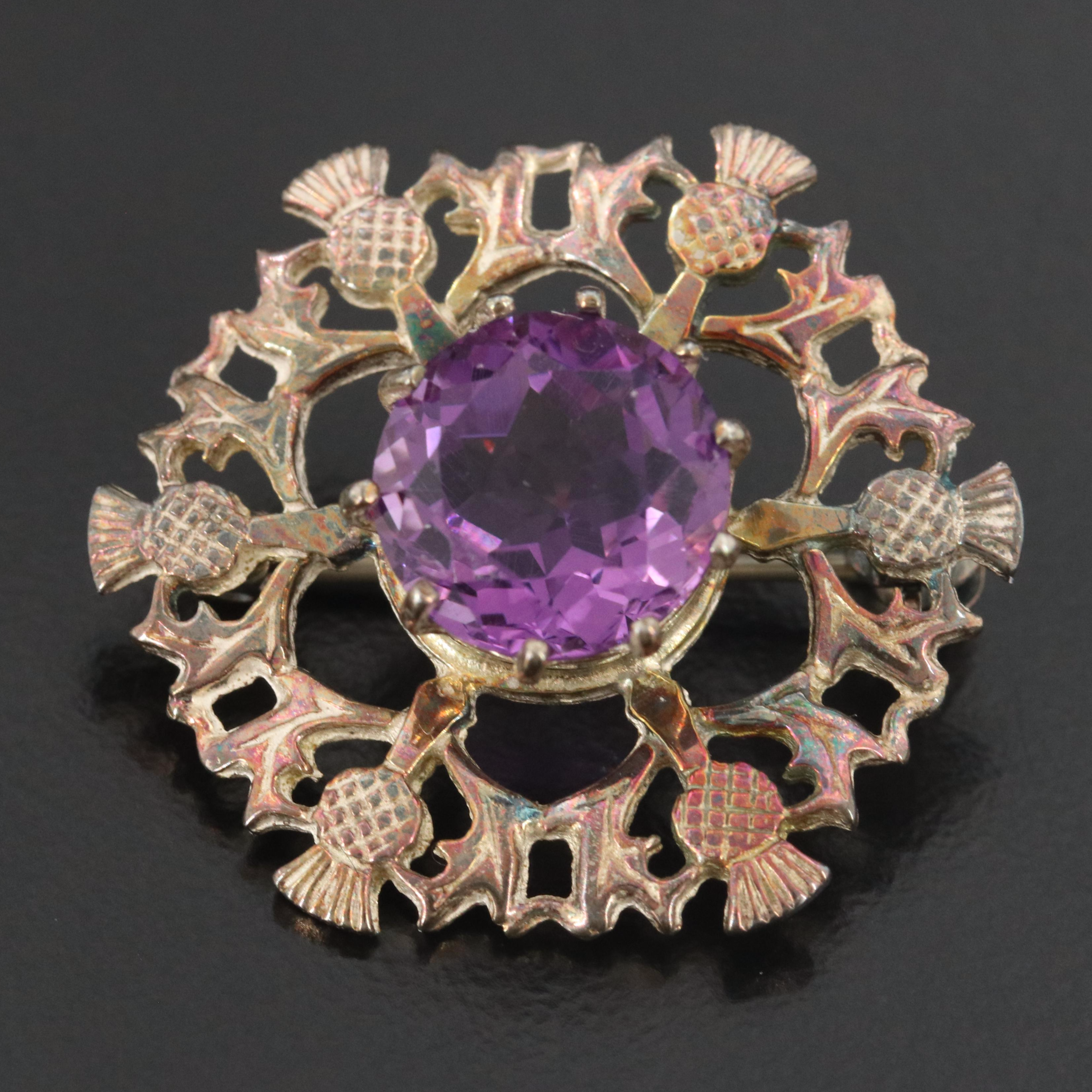 Sterling Amethyst Scottish Thistle Brooch
