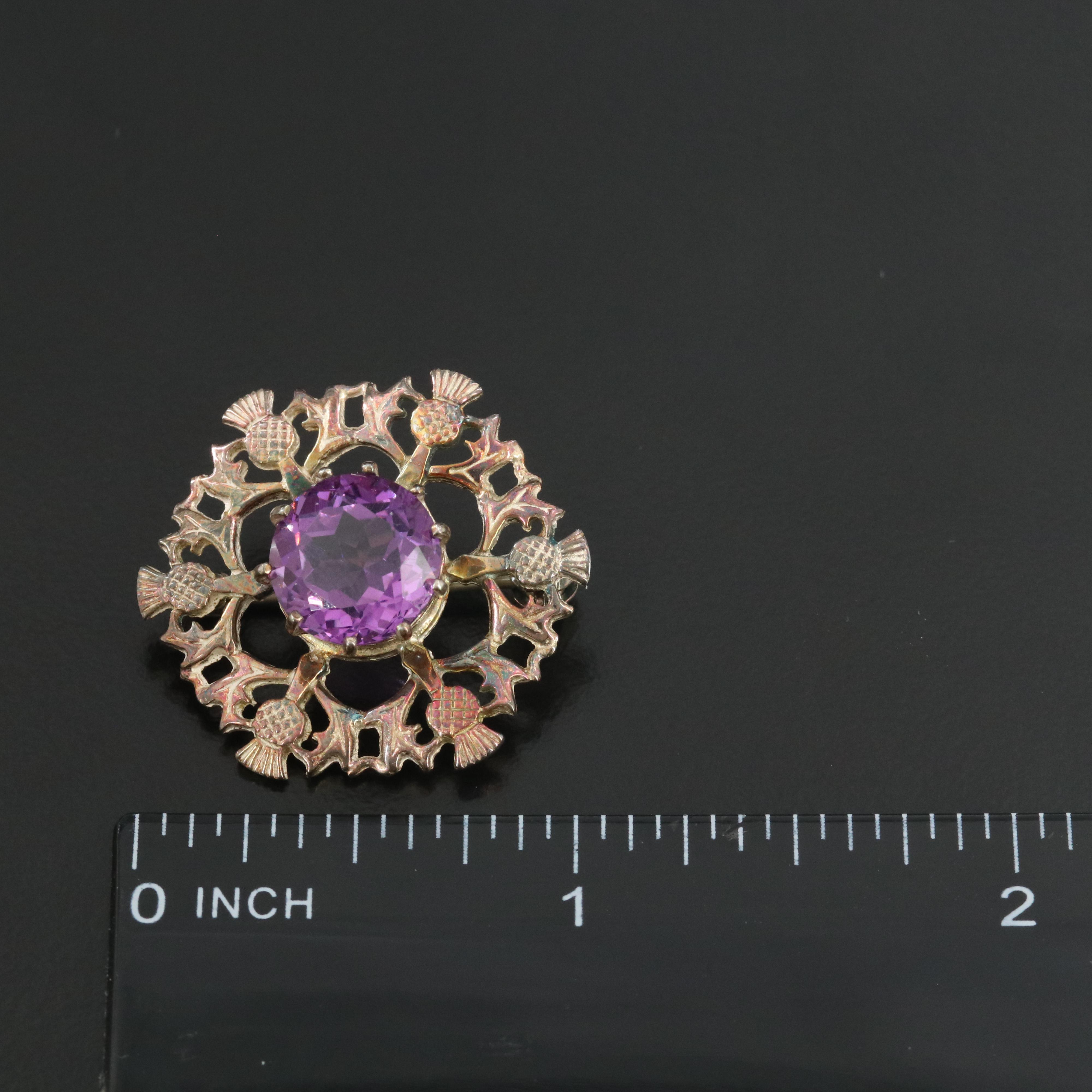 Sterling Amethyst Scottish Thistle Brooch