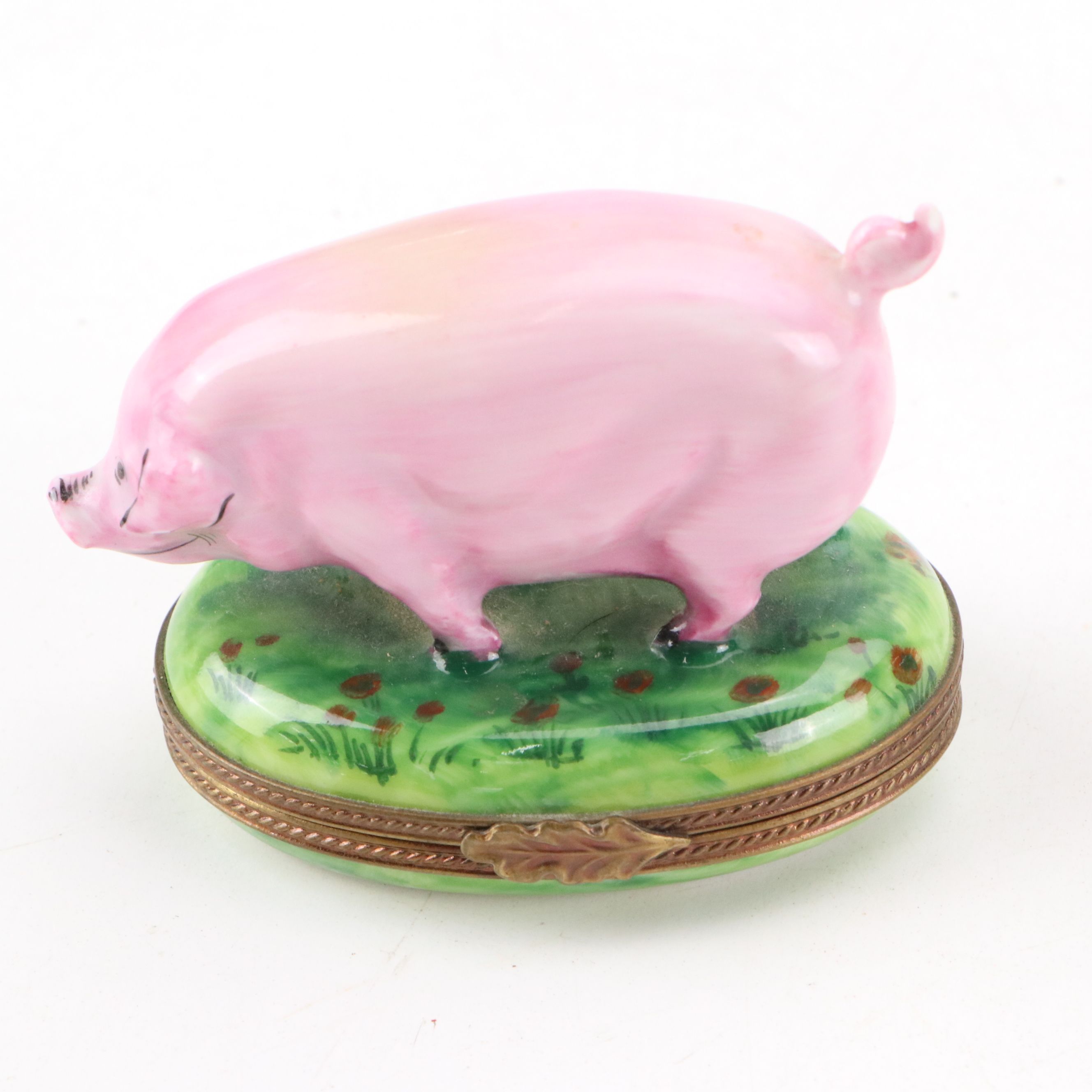 Rochard Pig Hand-Painted Porcelain Limoges Box with Other Plastic Floral Figures